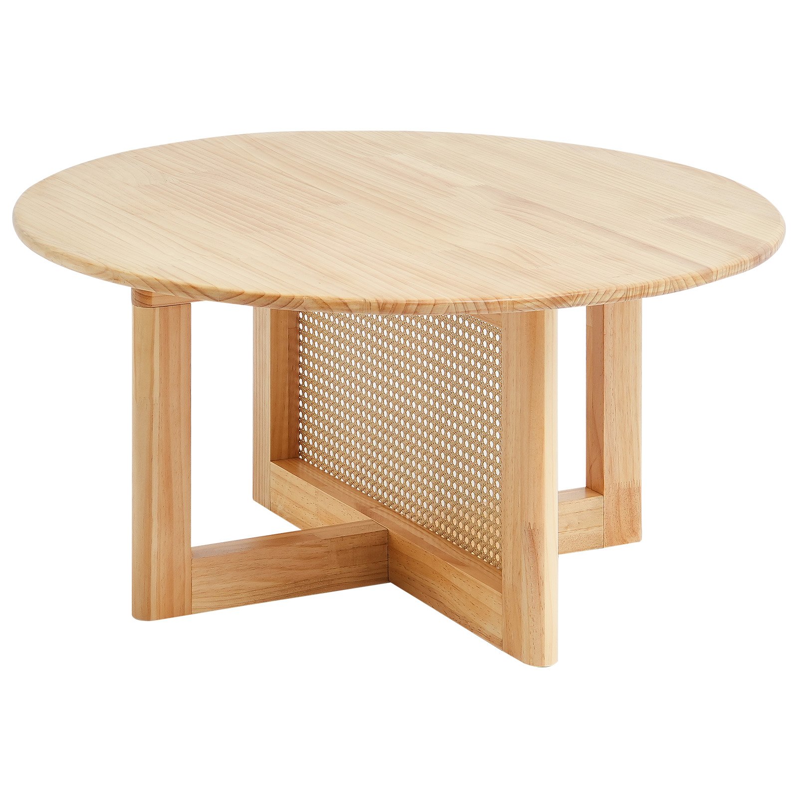 VEVOR Rattan Coffee Table, Round Rattan Woven Wood Coffee Table with Rubber Wood Top, 33 in Modern Boho Circular Storage Coffee Table with Natural Wood Legs, for Living Room, Bedroom & Small Spaces