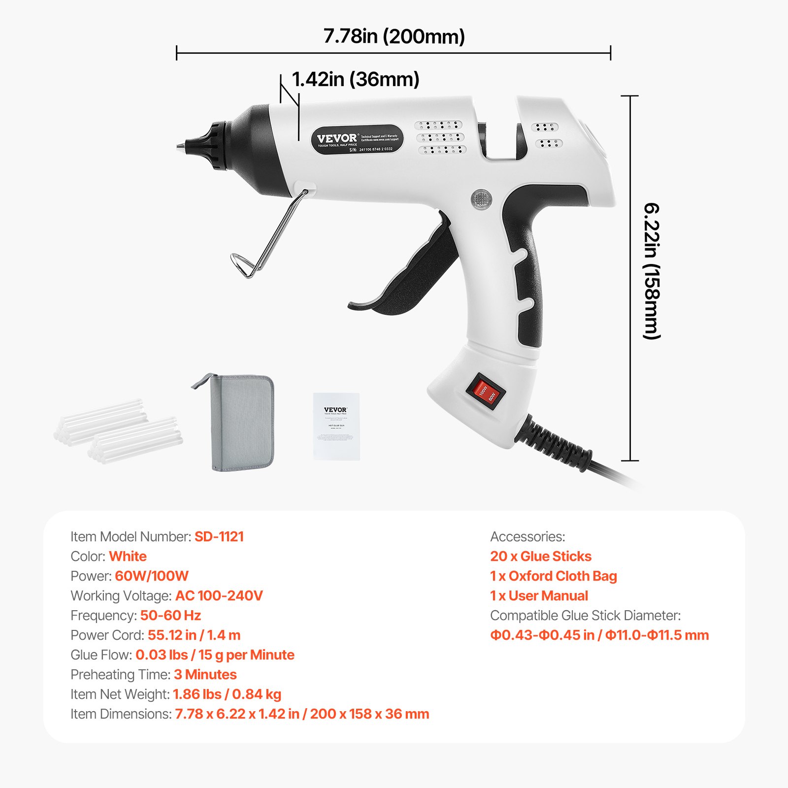 VEVOR Hot Glue Gun, 60/100W Dual Power, Mini Hot Glue Gun with 20 Premium Glue Sticks and Oxford Cloth Bag, Fast Preheating & High Temp Melt Glue Gun for Crafts, Arts, DIY, Quick Home Repairs, White
