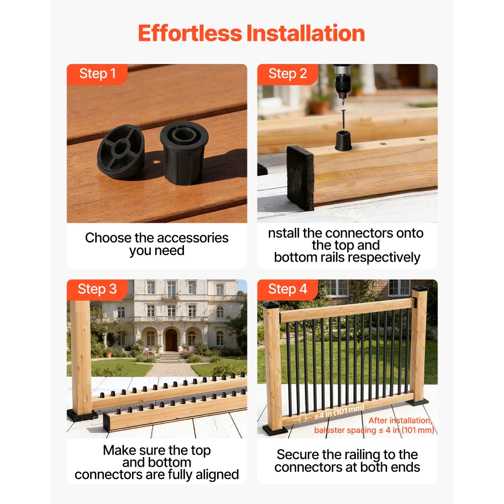 VEVOR 125 Pack Deck Balusters, 66 cm Aluminum Railing Spindles, 1.9 cm Diameter Hollow Round Metal Decking Stair Balusters with Connectors, Screws, for Deck, Porch & Staircase Railing Fence, Black