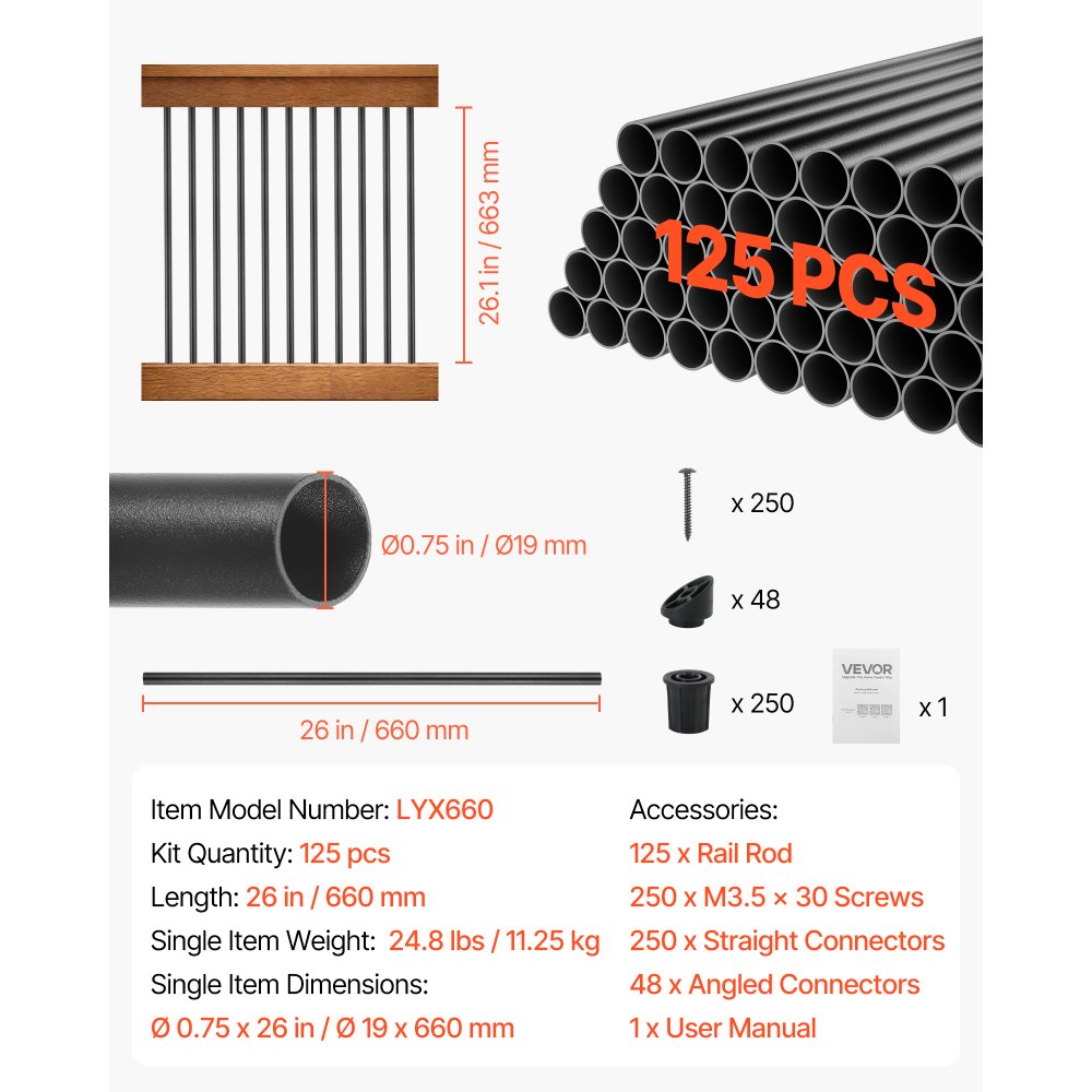 VEVOR 125 Pack Deck Balusters, 66 cm Aluminum Railing Spindles, 1.9 cm Diameter Hollow Round Metal Decking Stair Balusters with Connectors, Screws, for Deck, Porch & Staircase Railing Fence, Black