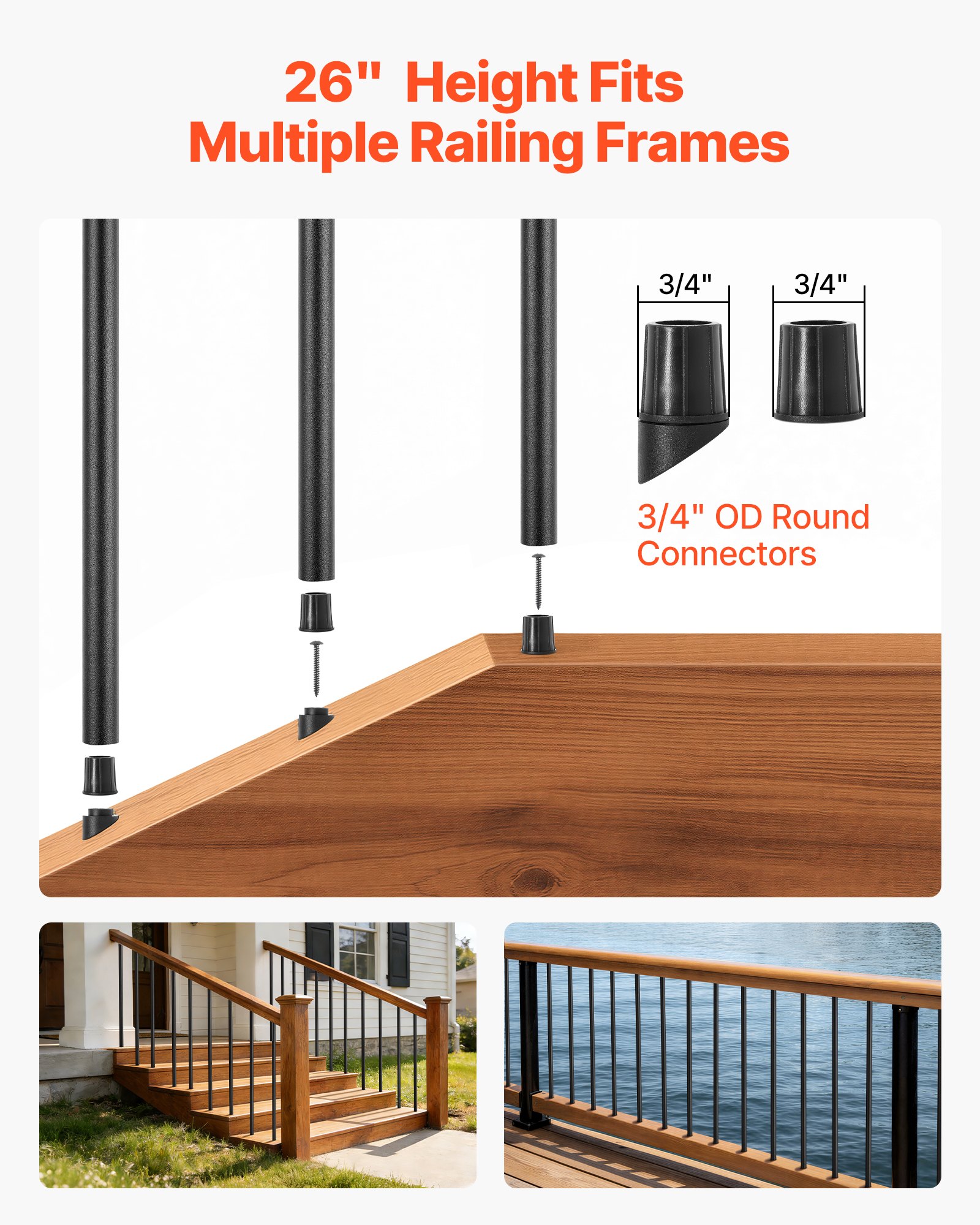 VEVOR 125 Pack Deck Balusters, 66 cm Aluminum Railing Spindles, 1.9 cm Diameter Hollow Round Metal Decking Stair Balusters with Connectors, Screws, for Deck, Porch & Staircase Railing Fence, Black