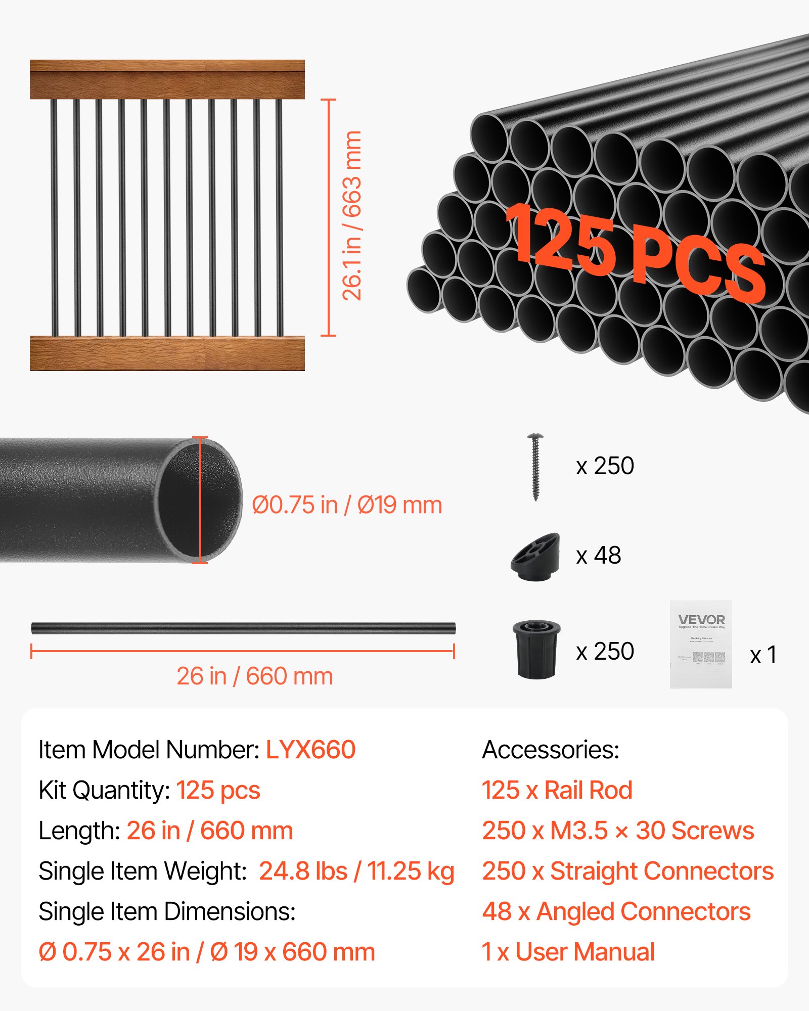 VEVOR 125 Pack Deck Balusters, 66 cm Aluminum Railing Spindles, 1.9 cm Diameter Hollow Round Metal Decking Stair Balusters with Connectors, Screws, for Deck, Porch & Staircase Railing Fence, Black