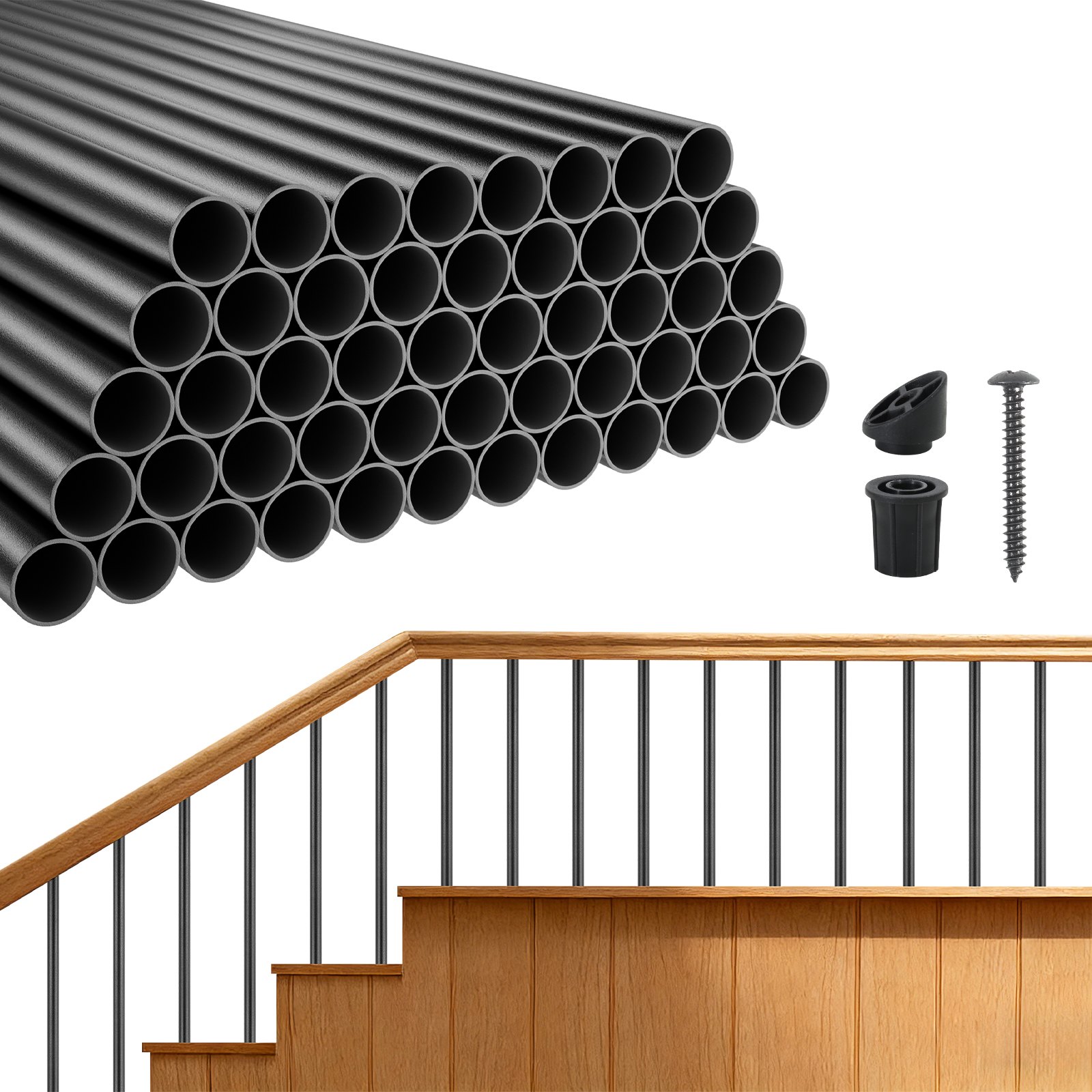 VEVOR 125 Pack Deck Balusters, 66 cm Aluminum Railing Spindles, 1.9 cm Diameter Hollow Round Metal Decking Stair Balusters with Connectors, Screws, for Deck, Porch & Staircase Railing Fence, Black