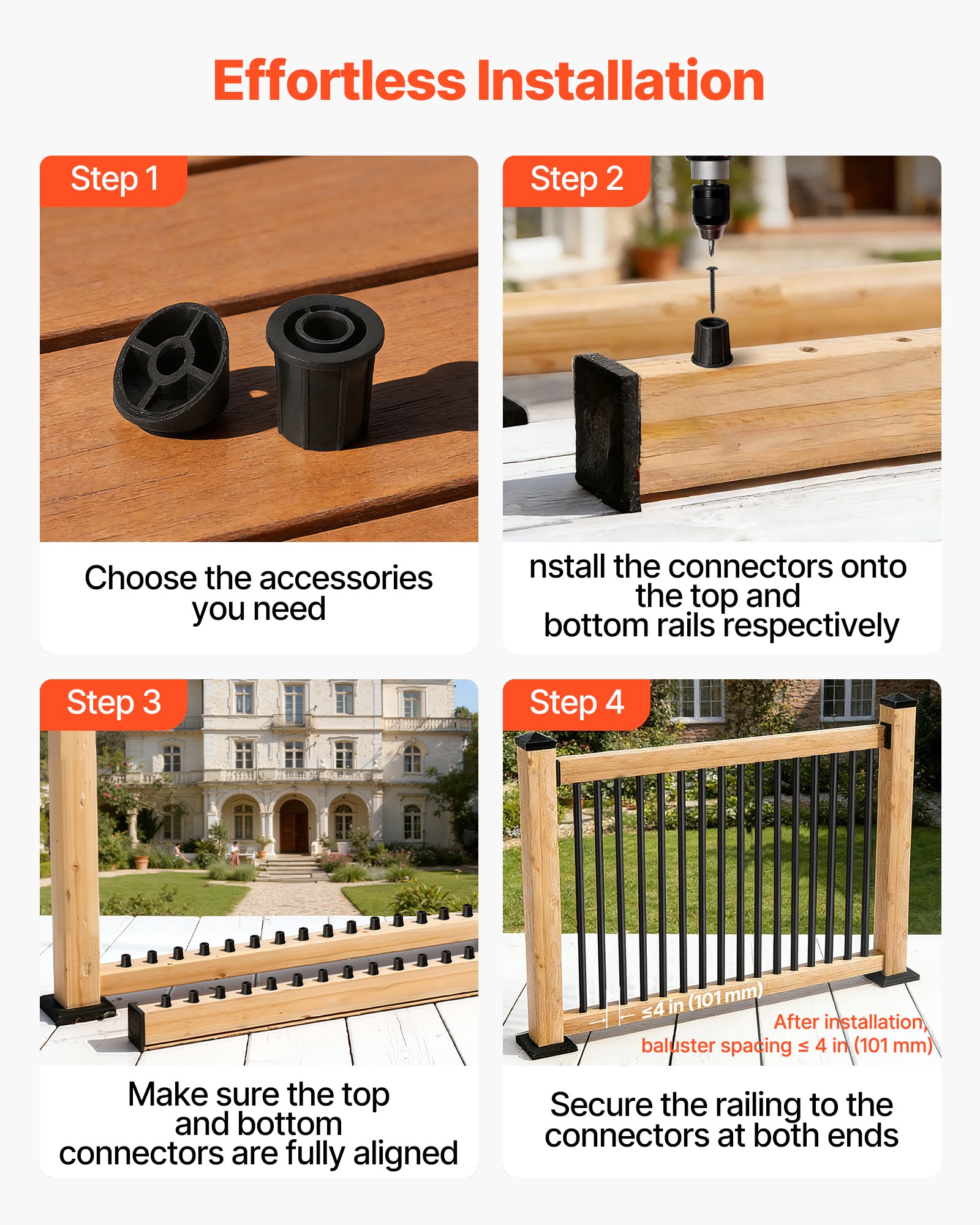 VEVOR 125 Pack Deck Balusters, 91.4 cm Aluminum Railing Spindles, 1.9 cm Diameter Hollow Round Metal Decking Stair Balusters with Connectors, Screws, for Deck, Porch & Staircase Railing Fence, Black