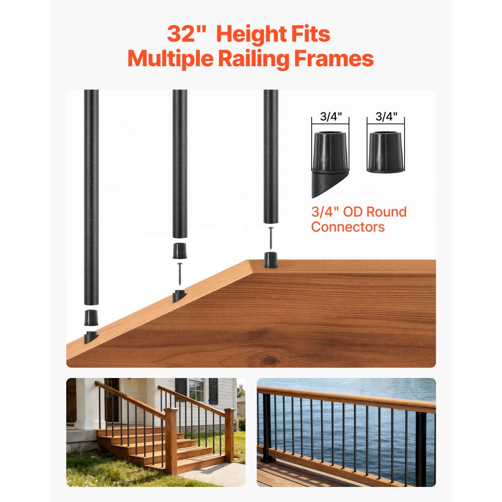 VEVOR 125 Pack Deck Balusters, 81.3 cm Aluminum Railing Spindles, 1.9 cm Diameter Hollow Round Metal Decking Stair Balusters with Connectors, Screws, for Deck, Porch & Staircase Railing Fence, Black