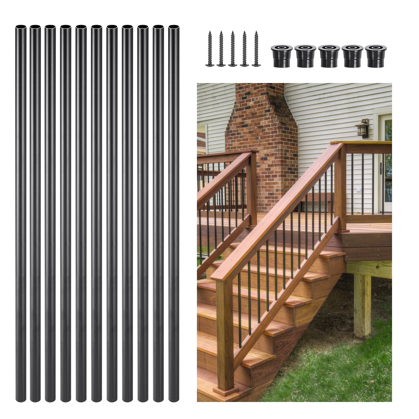 VEVOR Staircase Balusters 51 Pack, 26 In Aluminum Stair Balusters, 3/4 In Water-Proof Round Metal Spindle Railing, Hollow Deck Railing with Rail Caps & Screws for Stairs, Porch, Patio, Fence, Black