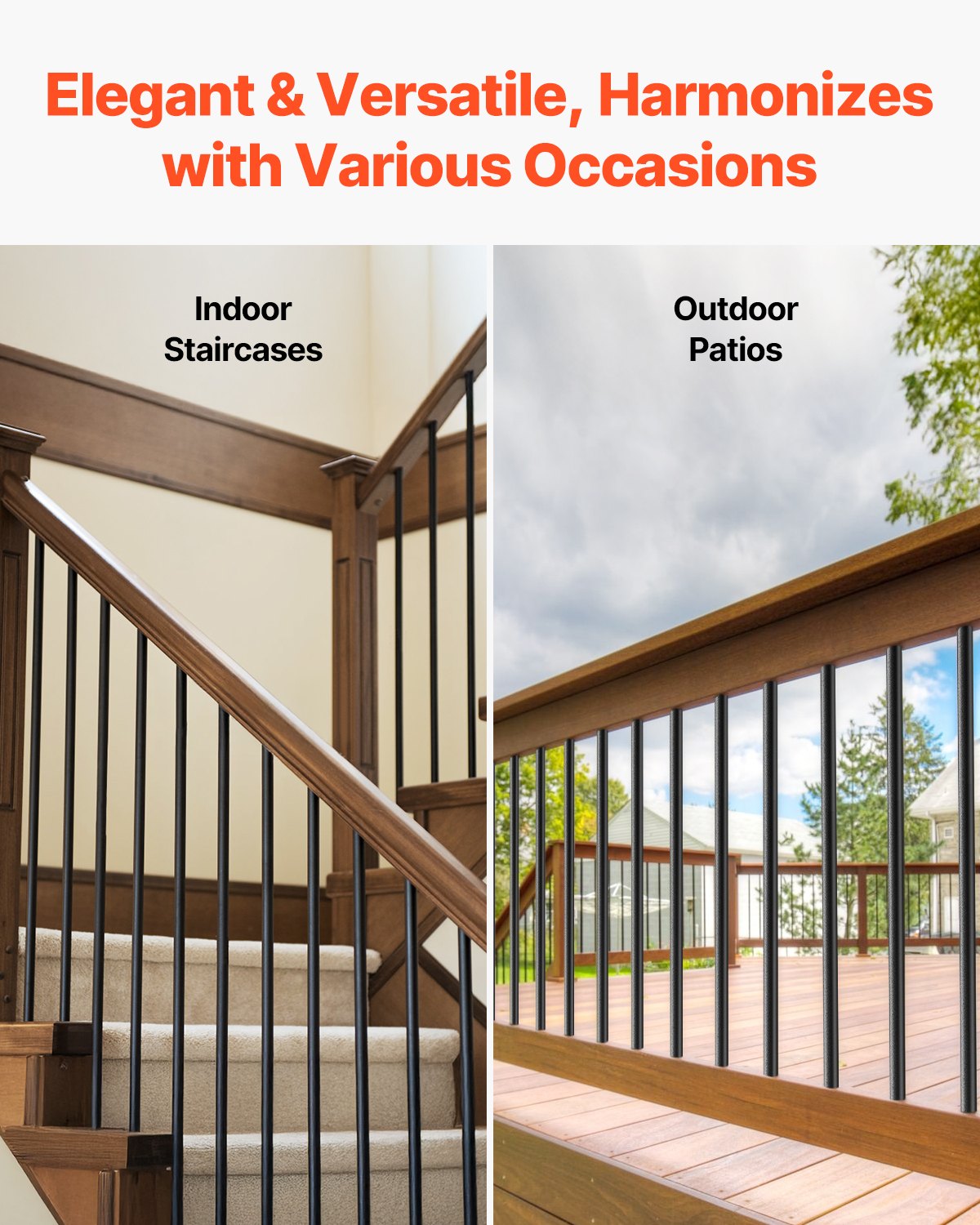 VEVOR Staircase Balusters 51 Pack, 36 In Aluminum Stair Balusters, 3/4 In Water-Proof Round Metal Spindle Railing, Hollow Deck Railing with Rail Caps & Screws for Stairs, Porch, Patio, Fence, Black
