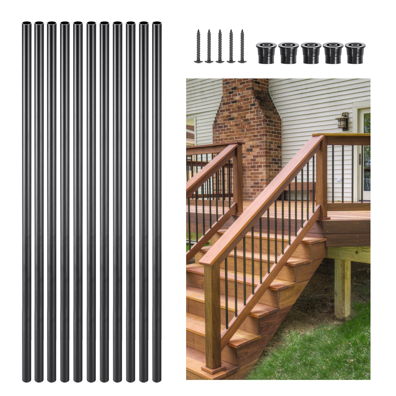 VEVOR Staircase Balusters 51 Pack, 36 In Aluminum Stair Balusters, 3/4 In Water-Proof Round Metal Spindle Railing, Hollow Deck Railing with Rail Caps & Screws for Stairs, Porch, Patio, Fence, Black