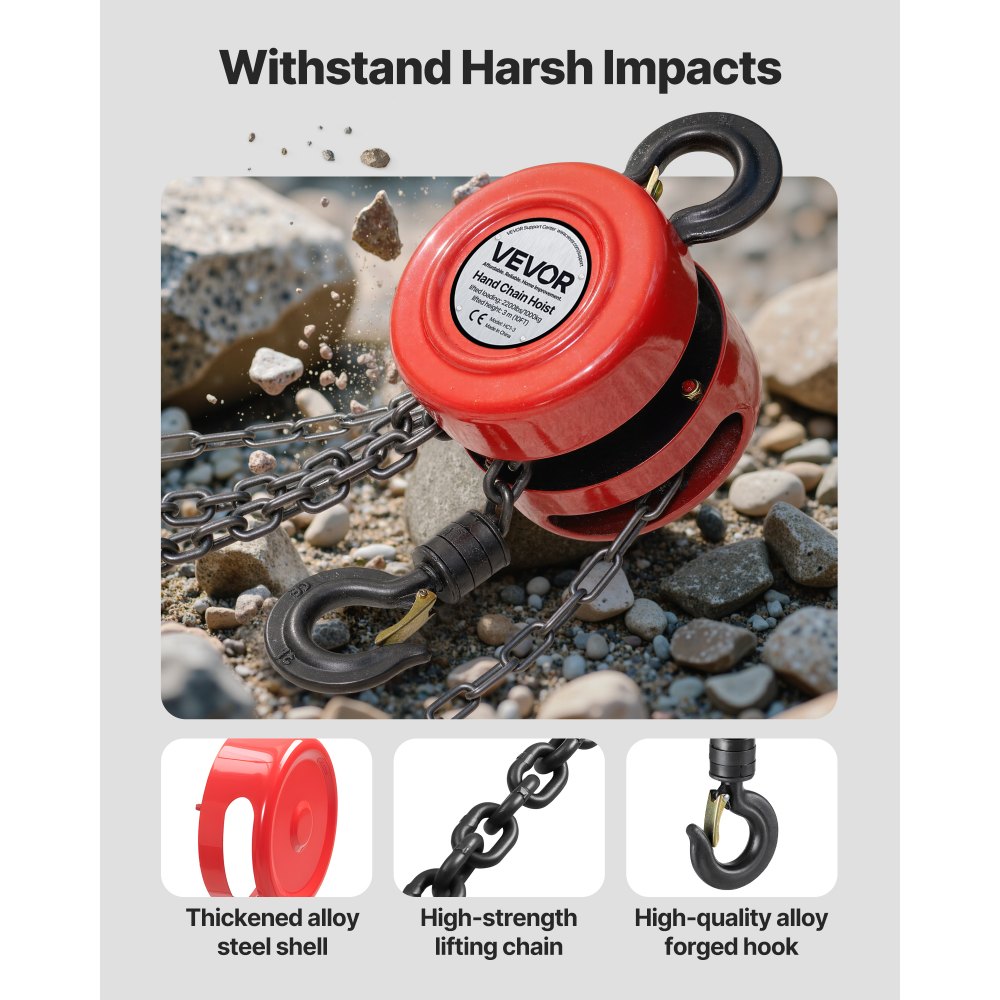VEVOR Hand Chain Hoist, 1 Ton Capacity, Manual Chain Block with Upgrade G70 Galvanized Chain, 3 m Lifting Height, Heavy Duty Pulley Hoist for Garage Warehouse Automotive Machinery, Red