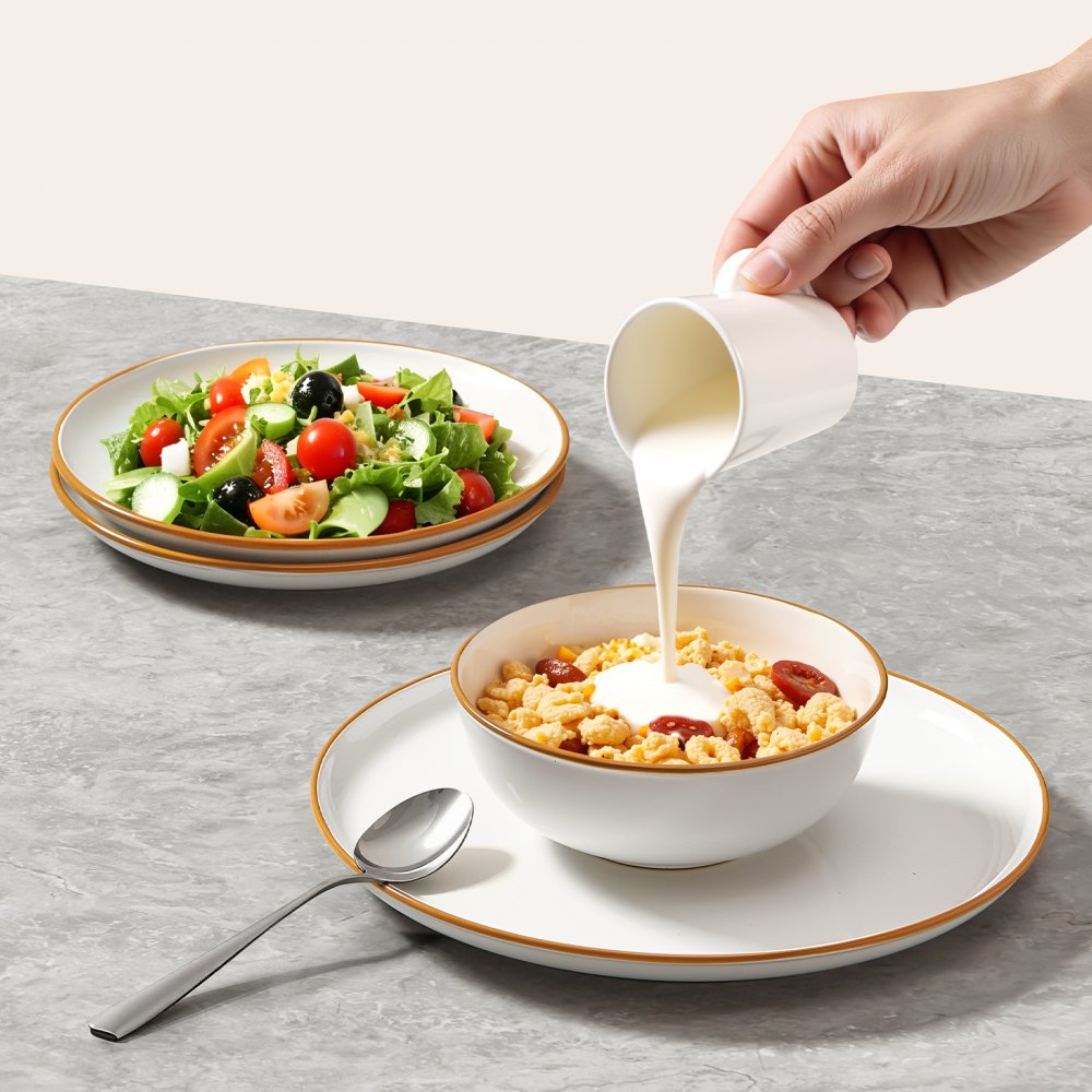 Vajilla VEVOR de 18 piezas para 6 personas, platos y cuencos redondos, cerámica resistente a arañazos, apta para lavavajillas y microondas, ideal para postres, ensaladas, sopas y pastas, color blanco.