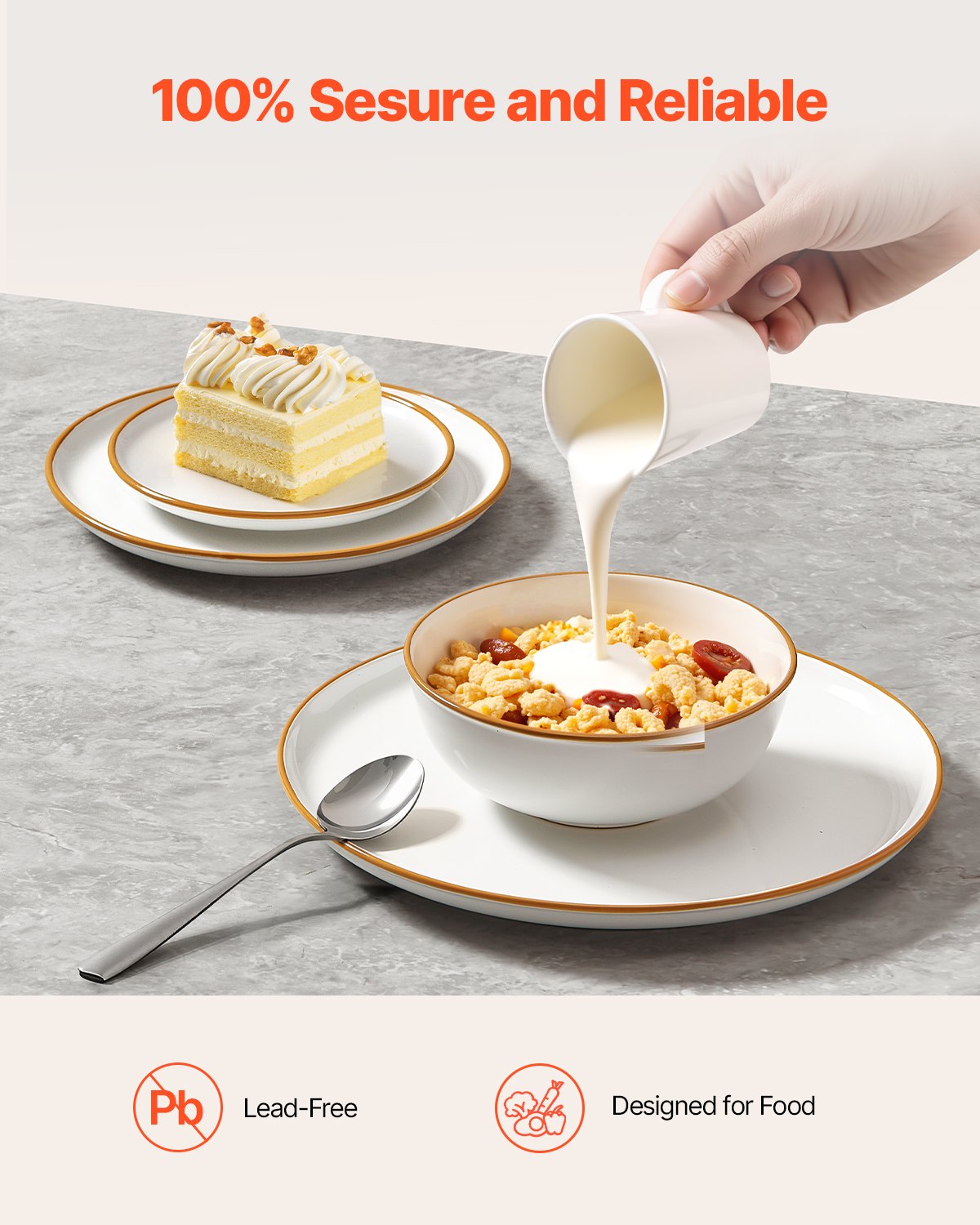 VEVOR Dinnerware Set, Service for 8  People, Round Plates and Bowls Sets, Scratch Resistant Ceramic Dinner Ware, Dishwasher and Microwave Suitable Kitchen Dishes, for Dessert Salad Soup Pasta, White