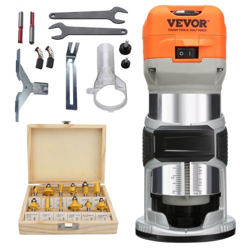 VEVOR Wood Router, 1.25HP 800W, Compact Wood Trimmer Router Tool, 30000RPM Max Speed 6 Variable Speeds, with 1/4'' & 5/16'' Collets 12 PCs Milling Cutters Dust Hood, for Woodworking Slotting Trimming