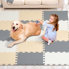 VEVOR 16 Tiles Kids Play Mat, 0.4 Inch Toddler Play Mat with EVA Foam, 12" x 12" Puzzle Play Mat with 16 sq.ft Coverage, Interlocking Toddler Mats for Play Room, Nursery, Living Room, Camel&Gray&Beige