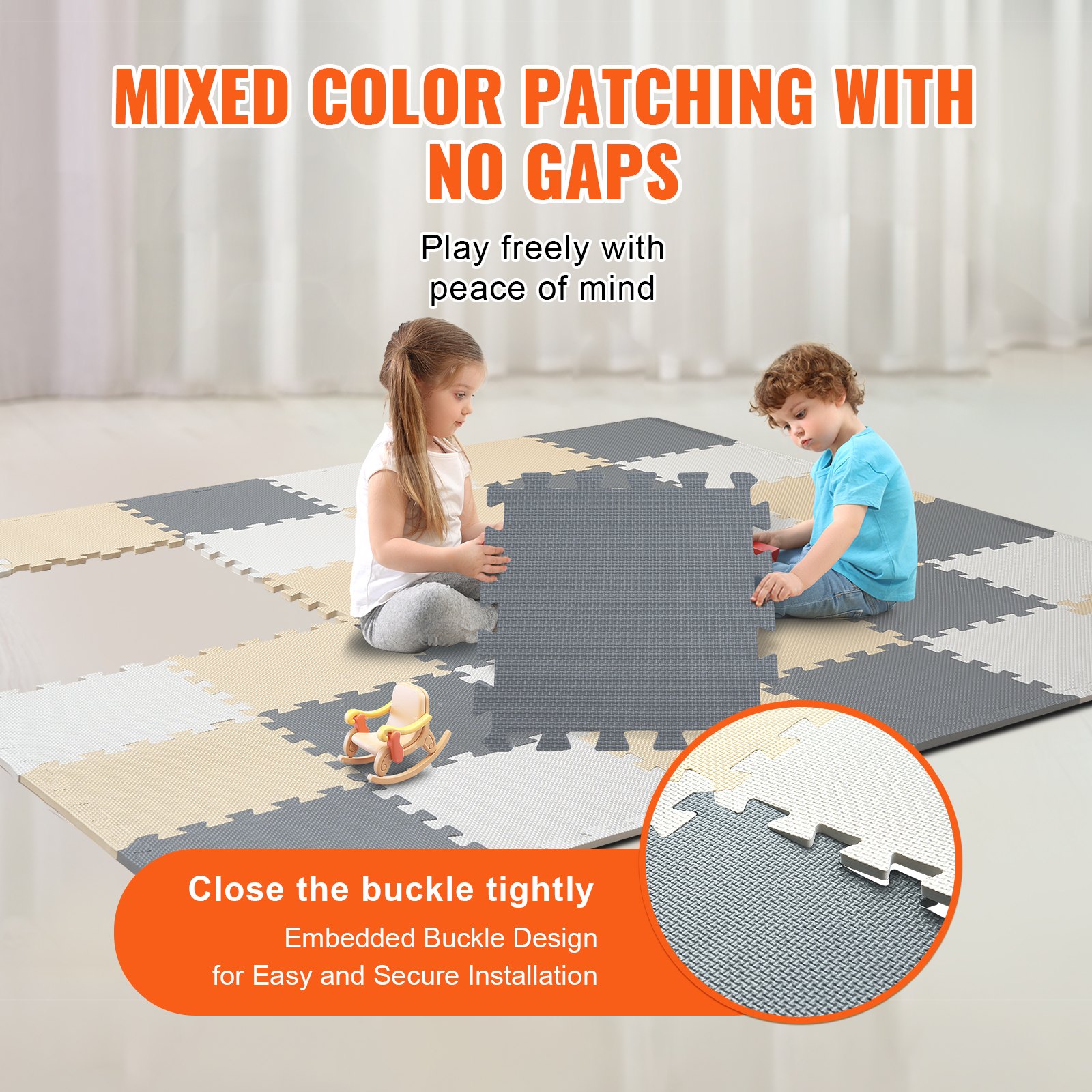 VEVOR - Alfombrilla de juego para niños de 36 piezas, 0,4 pulgadas, espuma EVA, 12 x 12 pulgadas, con forma de rompecabezas y una cobertura de 36 pies cuadrados, alfombrillas entrelazadas para niños pequeños, para sala de juegos, guardería, sala de estar, color camello, gris y beige