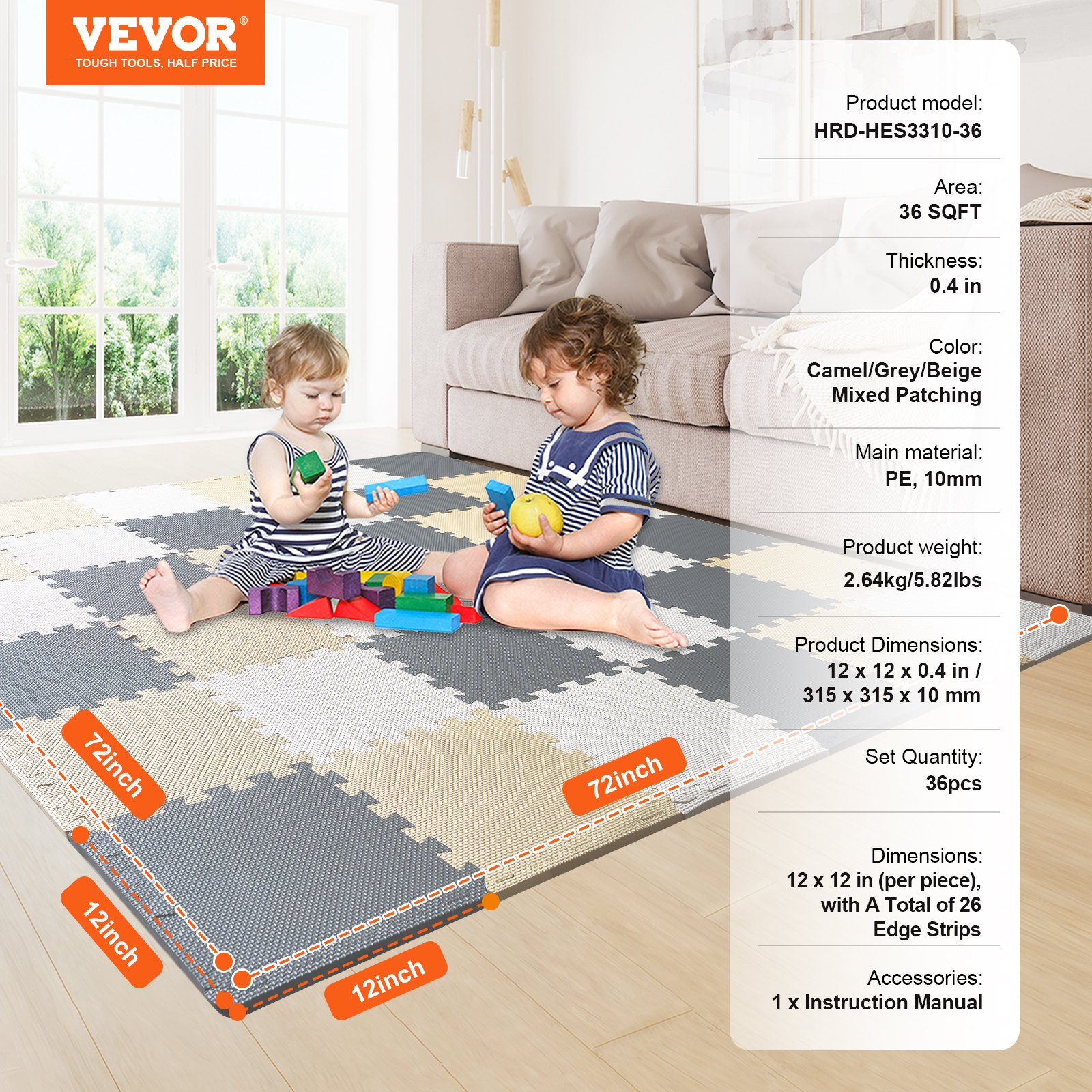 VEVOR - Alfombrilla de juego para niños de 36 piezas, 0,4 pulgadas, espuma EVA, 12 x 12 pulgadas, con forma de rompecabezas y una cobertura de 36 pies cuadrados, alfombrillas entrelazadas para niños pequeños, para sala de juegos, guardería, sala de estar, color camello, gris y beige