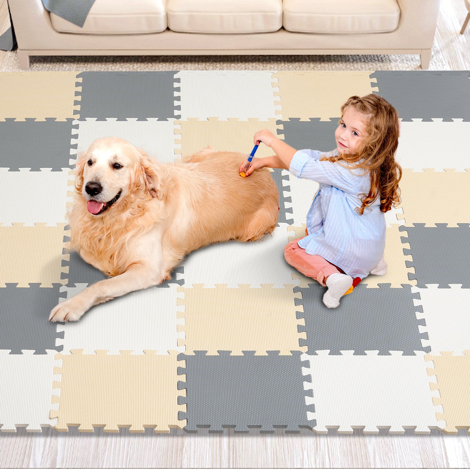 VEVOR - Alfombrilla de juego para niños de 36 piezas, 0,4 pulgadas, espuma EVA, 12 x 12 pulgadas, con forma de rompecabezas y una cobertura de 36 pies cuadrados, alfombrillas entrelazadas para niños pequeños, para sala de juegos, guardería, sala de estar, color camello, gris y beige