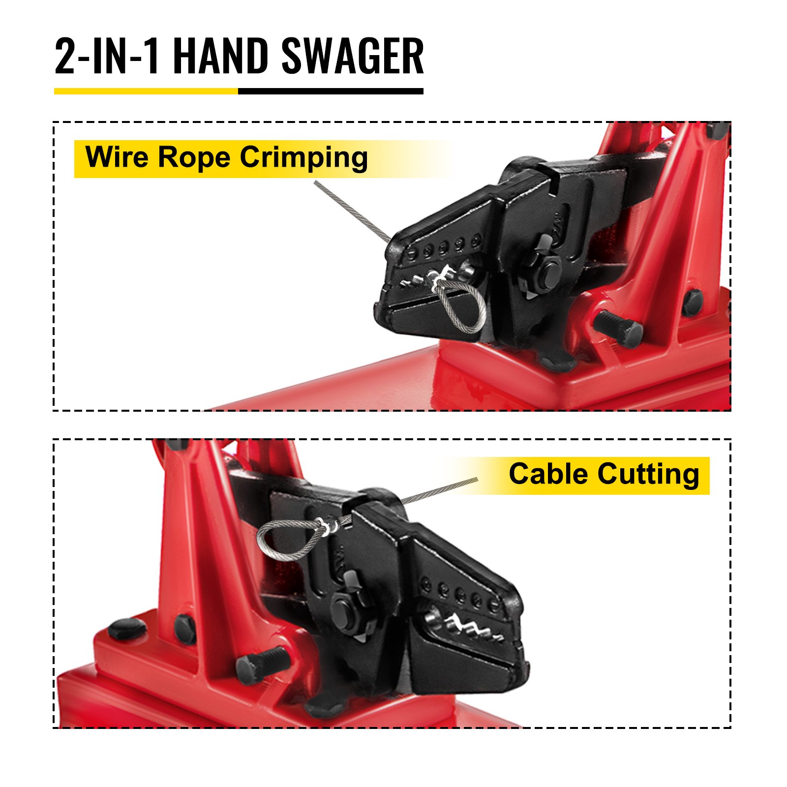 VEVOR bench swager with wire rope crimping and cable cutting functions.