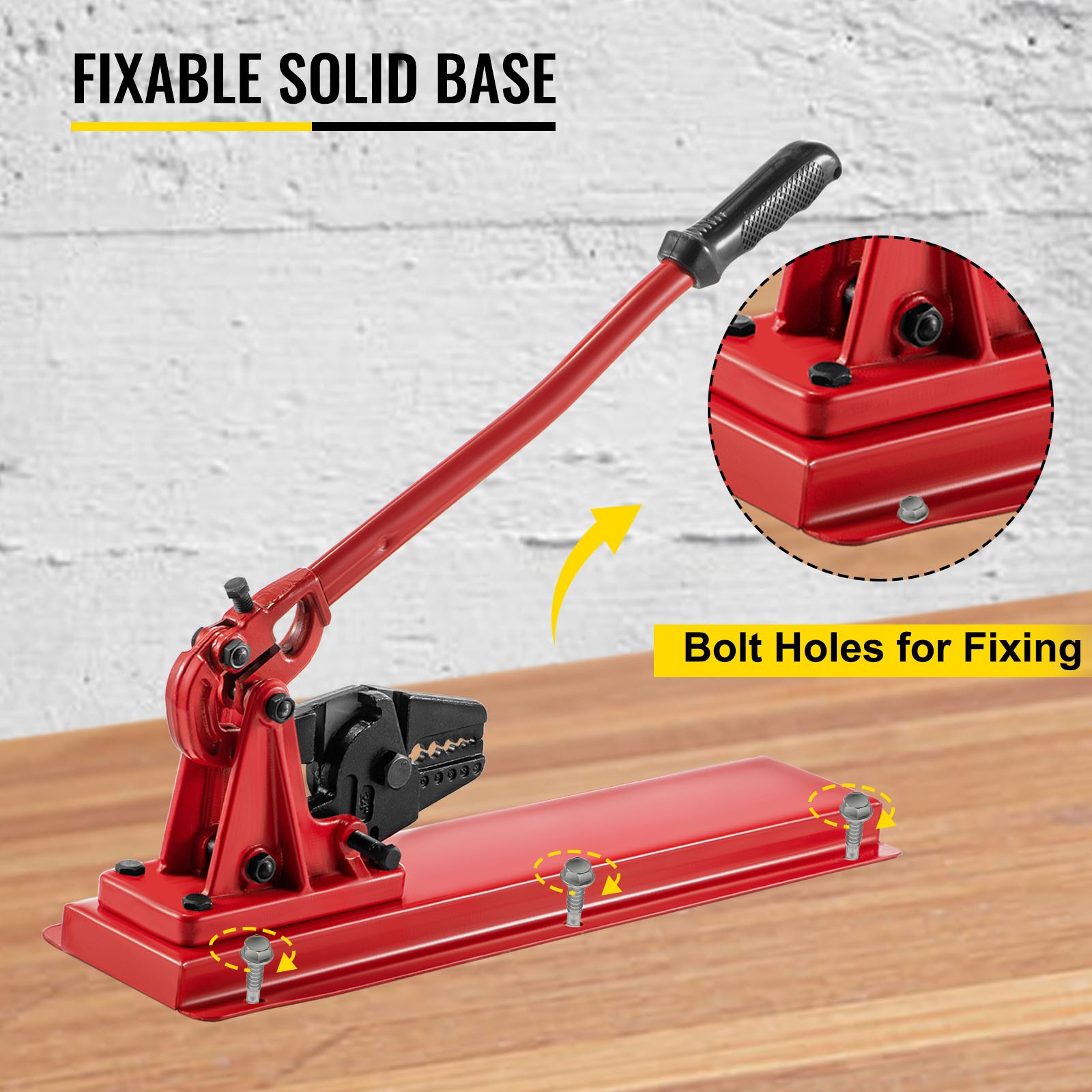 VEVOR bench swager with fixable solid base and bolt holes for secure mounting.