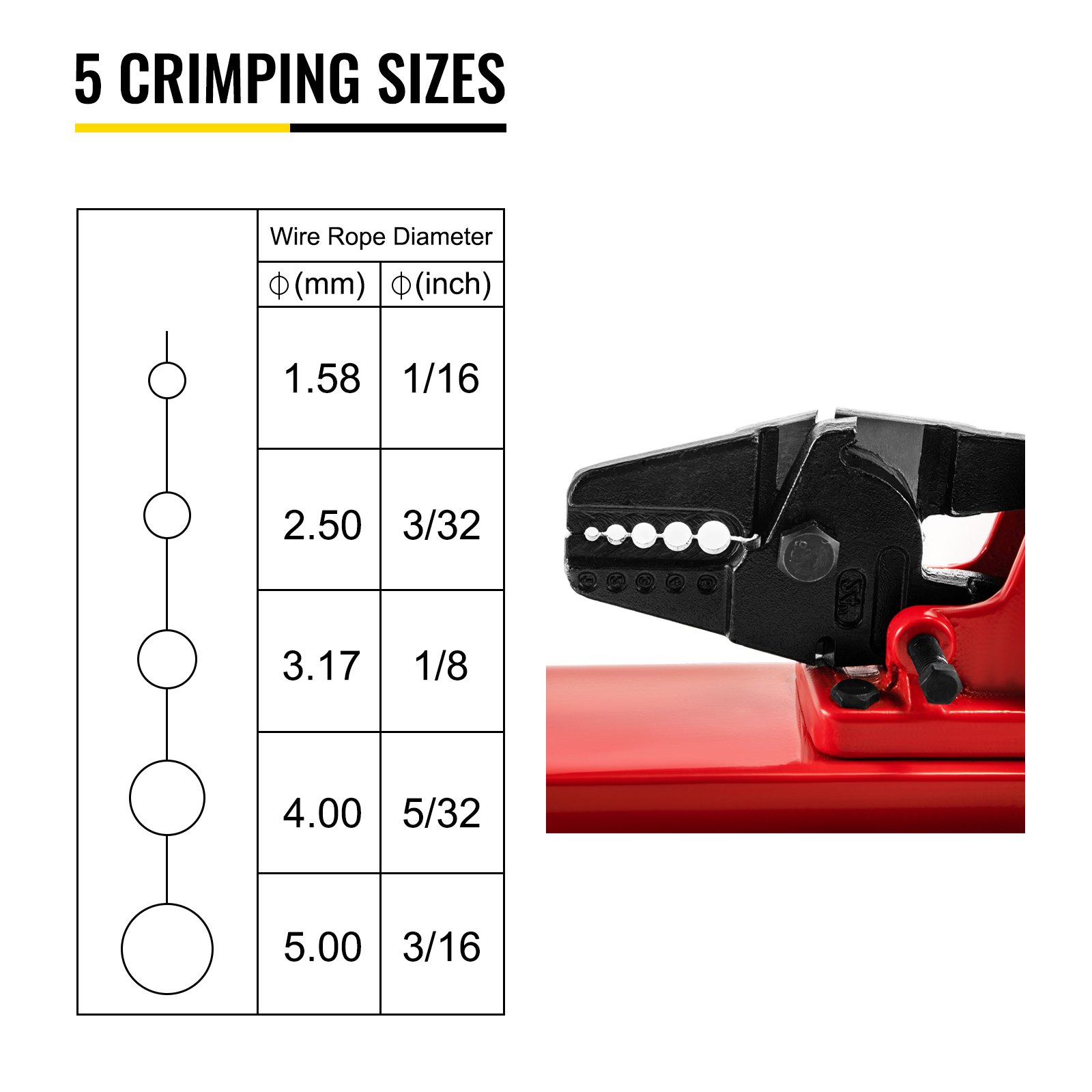 VEVOR bench swager with 5 crimping sizes for various wire rope diameters.