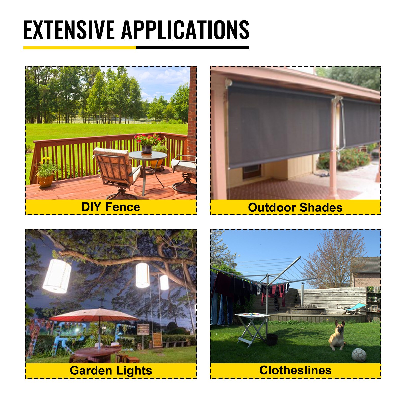 VEVOR bench swager applications: diy fence, outdoor shades, garden lights, clotheslines.