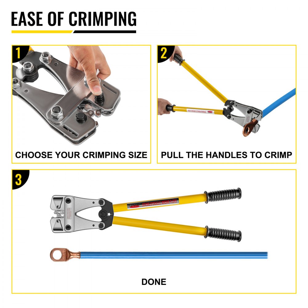 VEVOR battery cable crimper steps: choose size, pull handles, done.