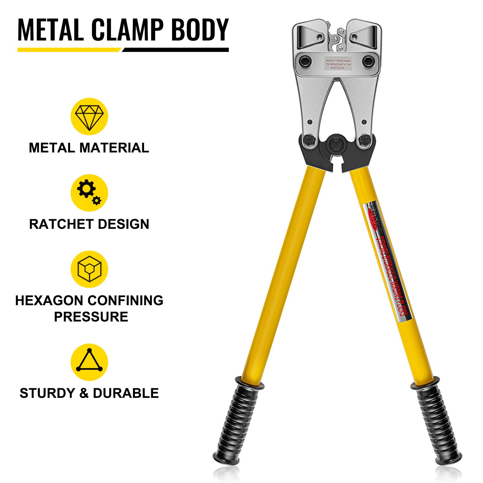 VEVOR battery cable crimper with metal clamp body, ratchet design, and sturdy handles.