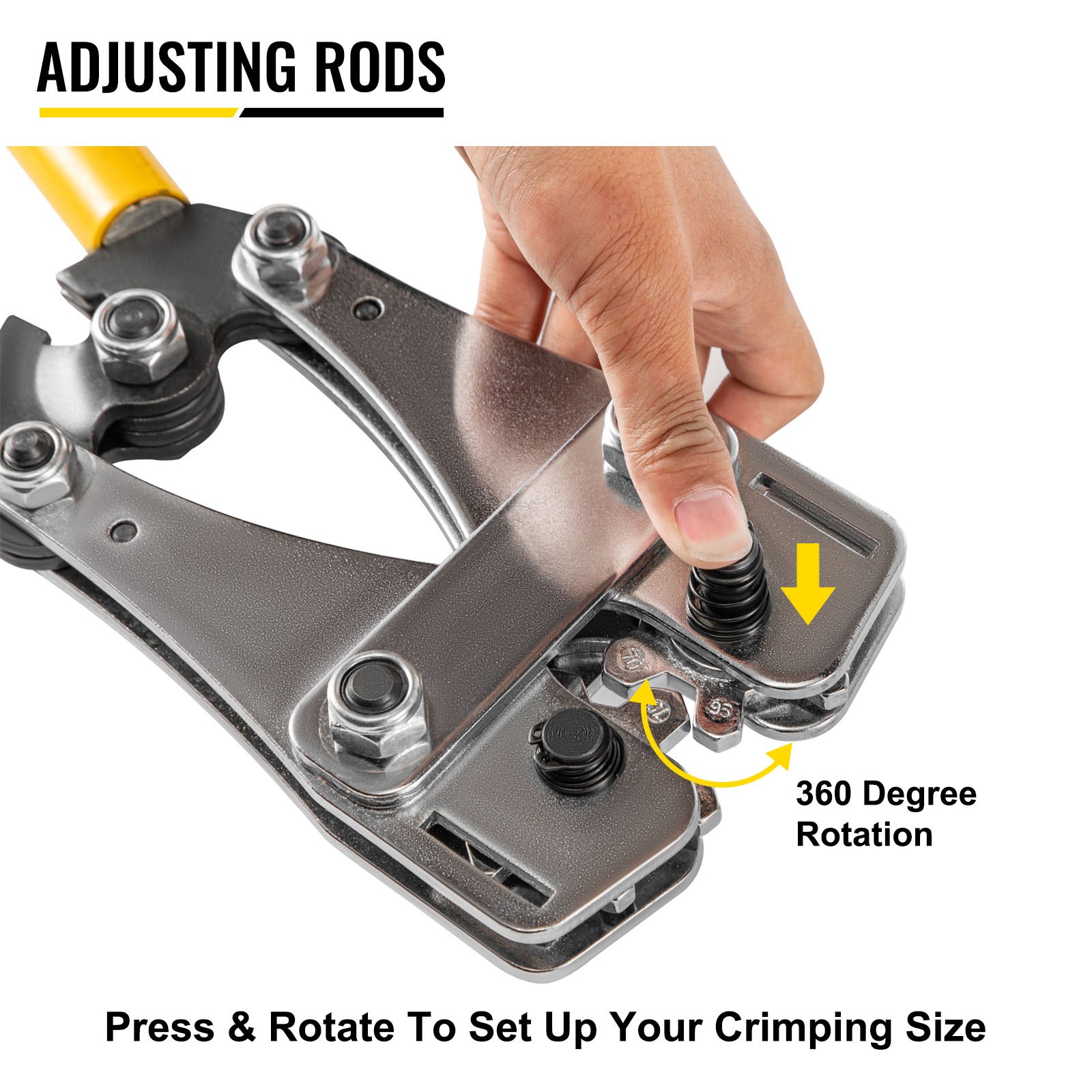 VEVOR battery cable crimper adjusting rods with 360-degree rotation for crimping.