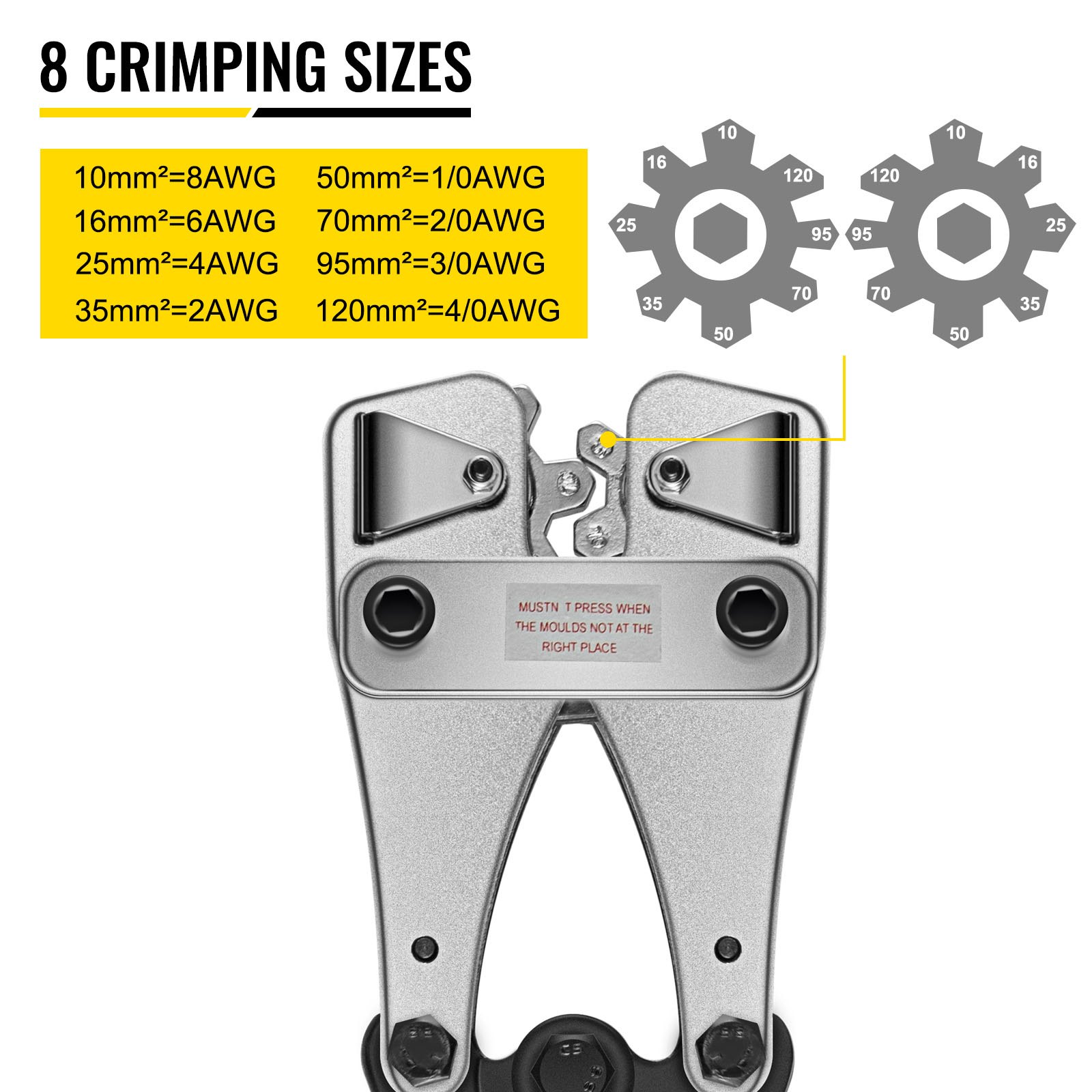 VEVOR battery cable crimper with 8 crimping sizes clearly labeled.