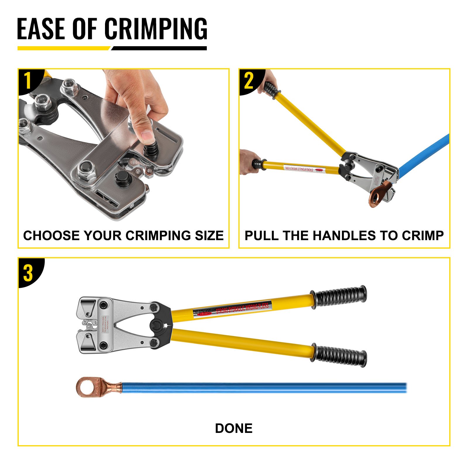 VEVOR battery cable crimper steps: choose size, pull handles, done.