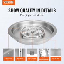 VEVOR 19 inch Round Drop-in Fire Pit Pan, Stainless Steel Fire Pit Burner, Natural & Propane Gas Fire Pan 92,000 BTU with Lid, for Indoor or Outdoor Use