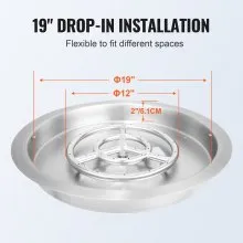 VEVOR 19 inch Round Drop-in Fire Pit Pan, Stainless Steel Fire Pit Burner, Natural & Propane Gas Fire Pan 92,000 BTU with Lid, for Indoor or Outdoor Use