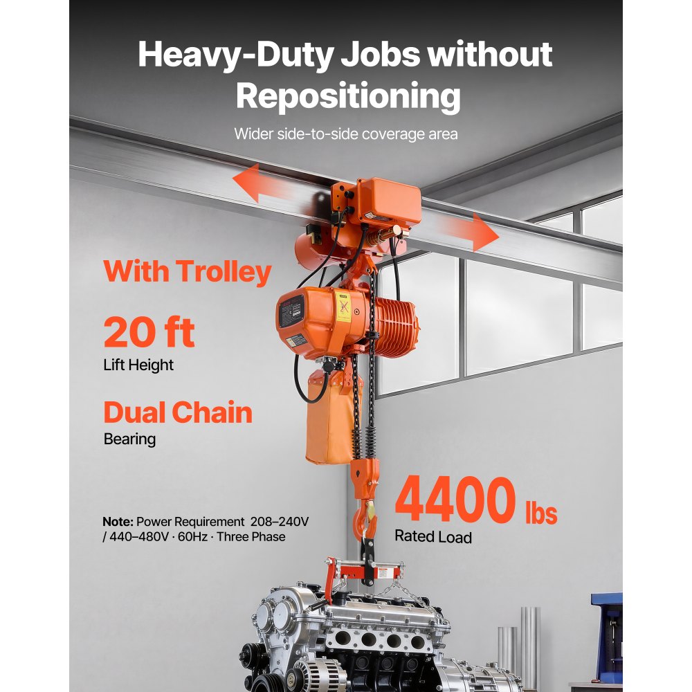 VEVOR 4400 lbs Electric Chain Hoist, 20 ft Lifting Height, Three-Phase Overhead Crane with 328 ft Wireless & 16 ft Wired Remote Control, Double G100 Chain Hoist for Factories, Warehouses, Garages