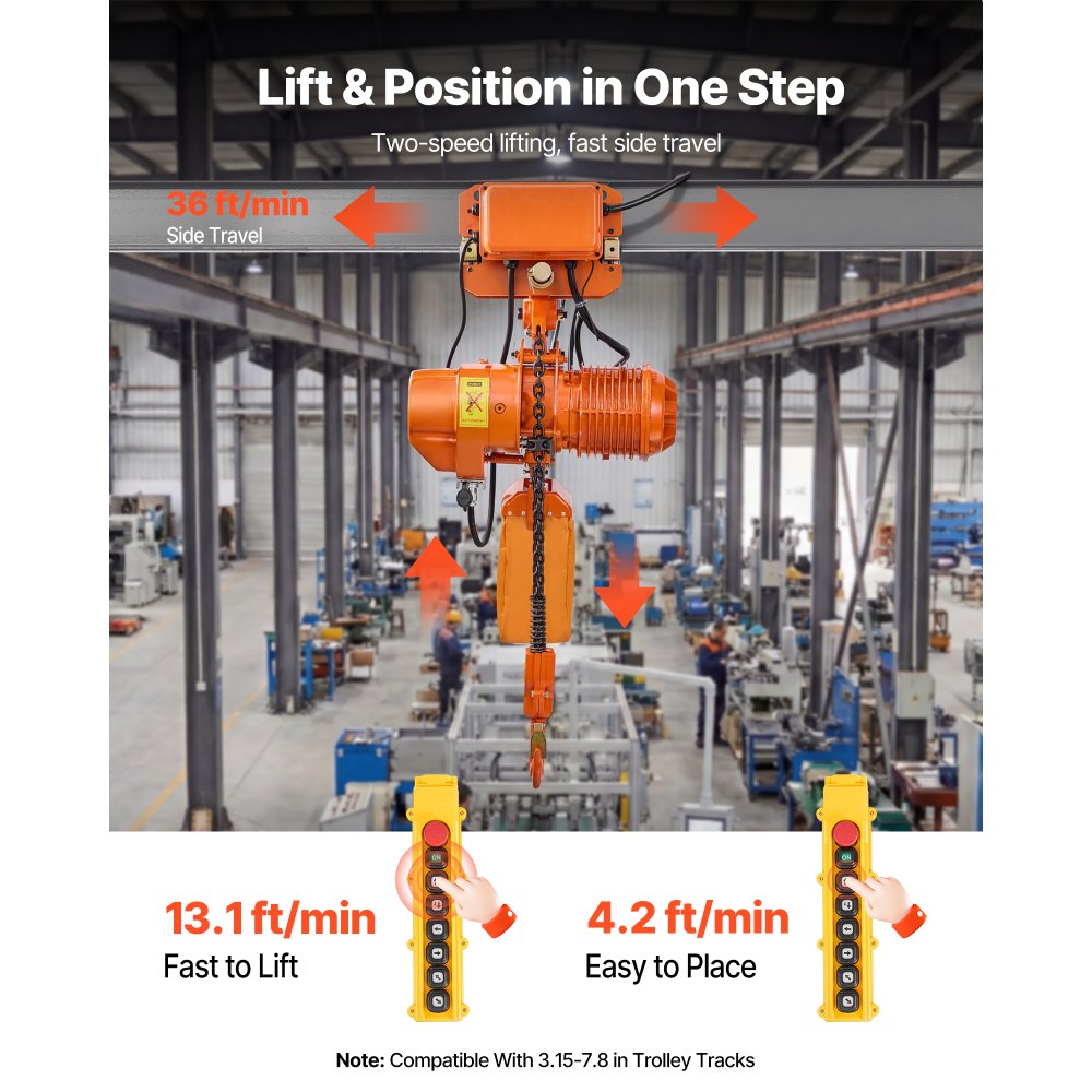 VEVOR 4400 lbs Electric Chain Hoist, 20 ft Lifting Height, Three-Phase Overhead Crane with 328 ft Wireless & 16 ft Wired Remote Control, Double G100 Chain Hoist for Factories, Warehouses, Garages