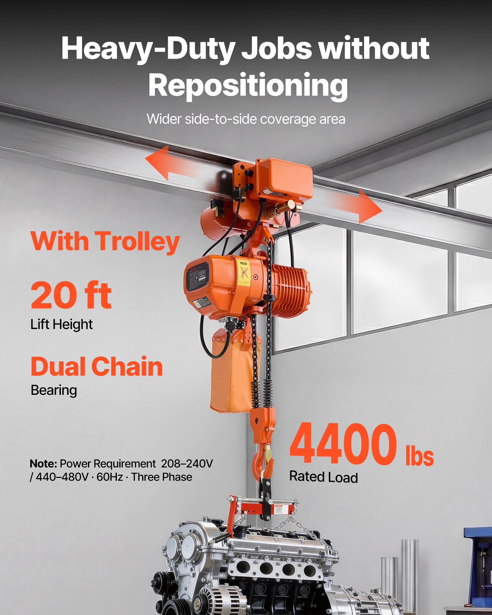 VEVOR 4400 lbs Electric Chain Hoist, 20 ft Lifting Height, Three-Phase Overhead Crane with 328 ft Wireless & 16 ft Wired Remote Control, Double G100 Chain Hoist for Factories, Warehouses, Garages