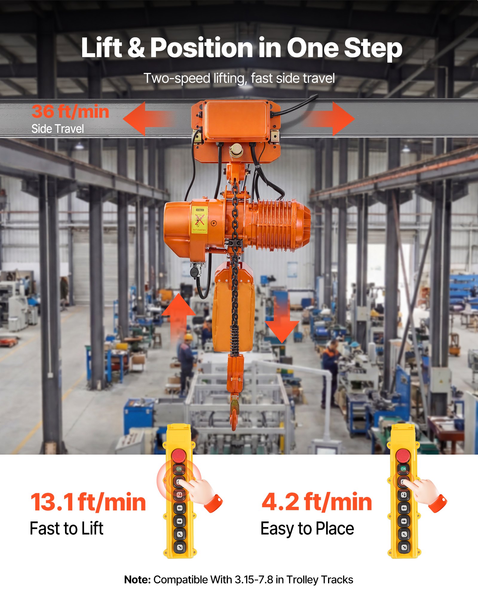 VEVOR 4400 lbs Electric Chain Hoist, 20 ft Lifting Height, Three-Phase Overhead Crane with 328 ft Wireless & 16 ft Wired Remote Control, Double G100 Chain Hoist for Factories, Warehouses, Garages