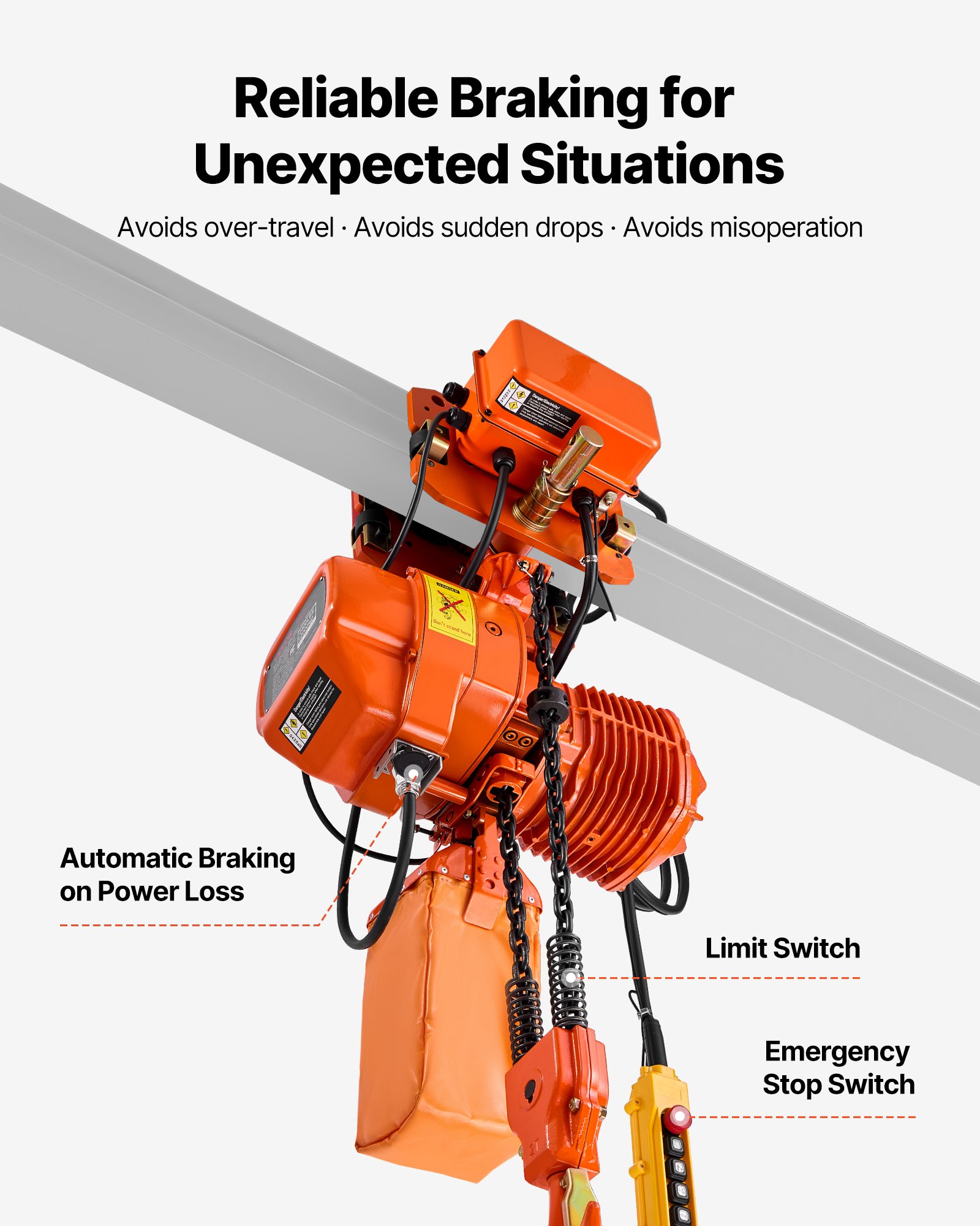 VEVOR 4400 lbs Electric Chain Hoist, 20 ft Lifting Height, Three-Phase Overhead Crane with 328 ft Wireless & 16 ft Wired Remote Control, Double G100 Chain Hoist for Factories, Warehouses, Garages