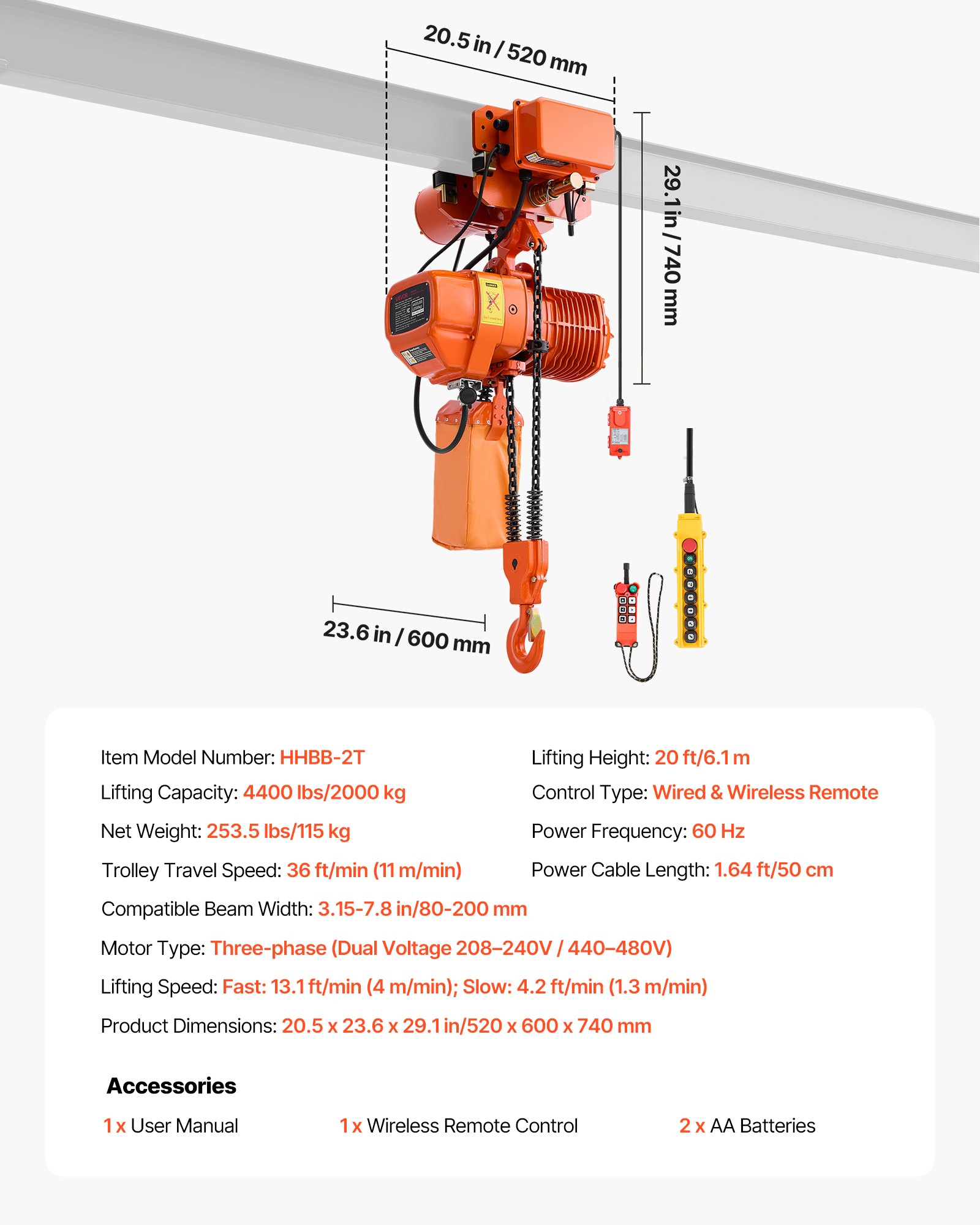 VEVOR 4400 lbs Electric Chain Hoist, 20 ft Lifting Height, Three-Phase Overhead Crane with 328 ft Wireless & 16 ft Wired Remote Control, Double G100 Chain Hoist for Factories, Warehouses, Garages