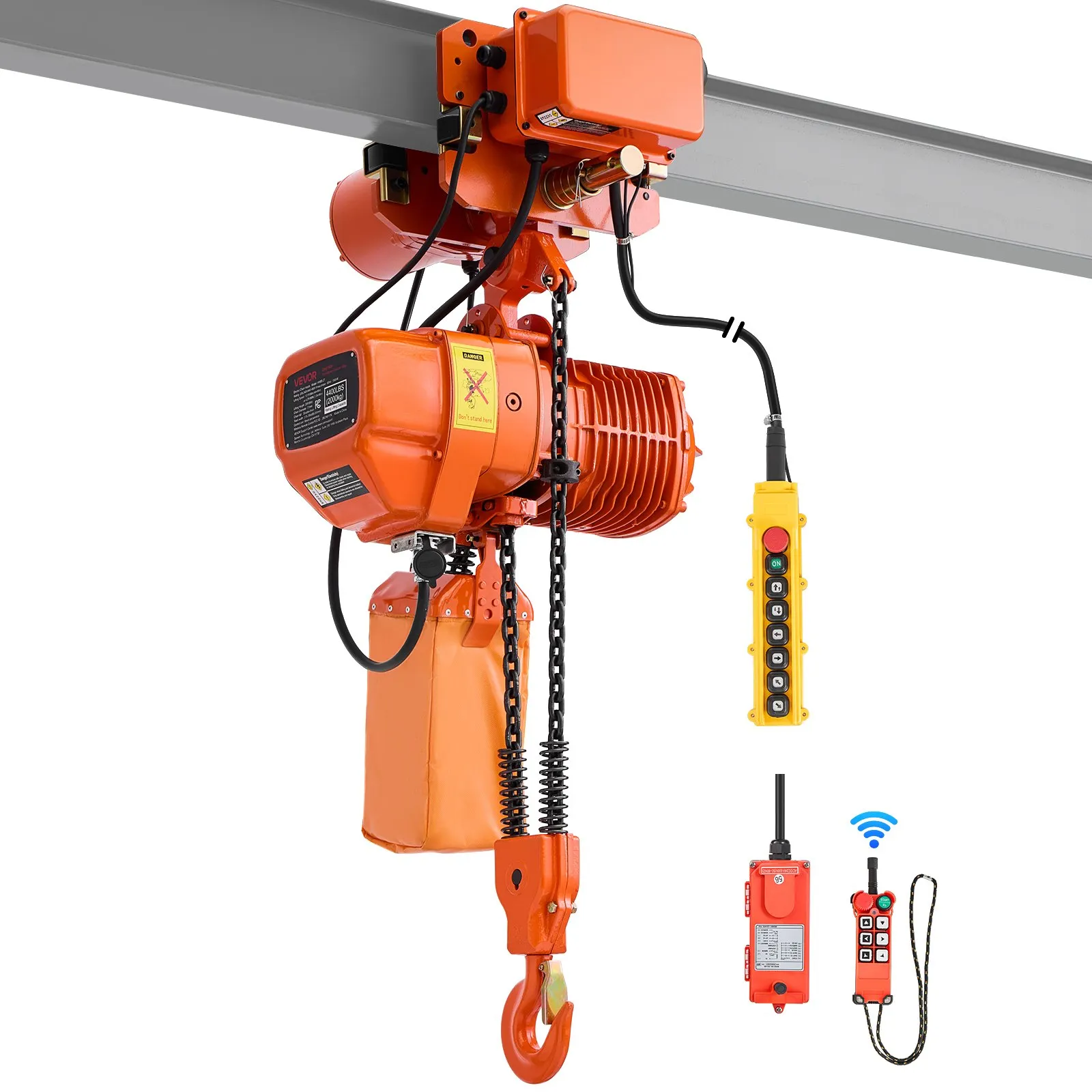 VEVOR 4400 lbs Electric Chain Hoist, 20 ft Lifting Height, Three-Phase Overhead Crane with 328 ft Wireless & 16 ft Wired Remote Control, Double G100 Chain Hoist for Factories, Warehouses, Garages