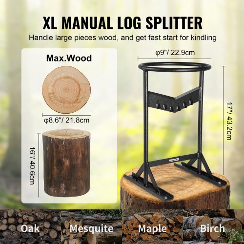 VEVOR Wood Splitter, XL Log Splitter for 8.6" Dia. Wood, Portable "V" Shaped Finger-safty Firewood Cutter, Heavy-duty Solid Steel Wedge Manual Log Maker, With Protection Bag for Home Campsite