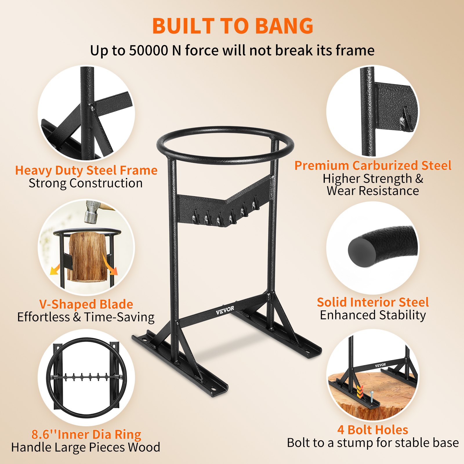 VEVOR firewood kindling splitter with heavy-duty steel frame, 8.6&quot; ring, v-shaped blade, and 4 bolt holes.