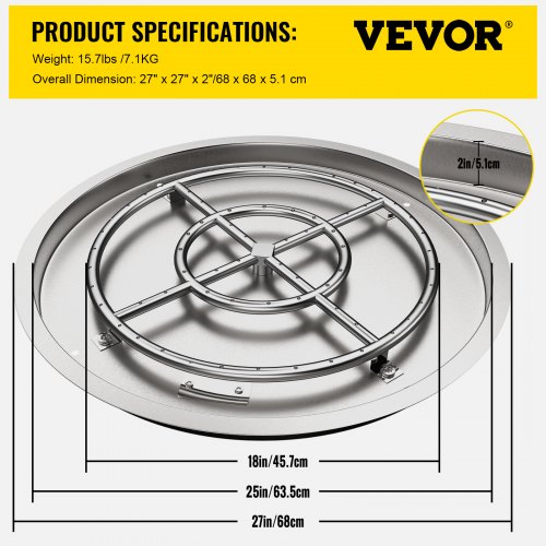 VEVOR Drop in Fire Pit Pan, 25" x 25" Round Fire Pit Burner, Stainless Steel Gas Fire Pan, Fire Pit Burner Pan w/ 1 Pack Volcanic Rock Fire Pit Insert w/ 150K BTU for Keeping Warm w/ Family & Friends