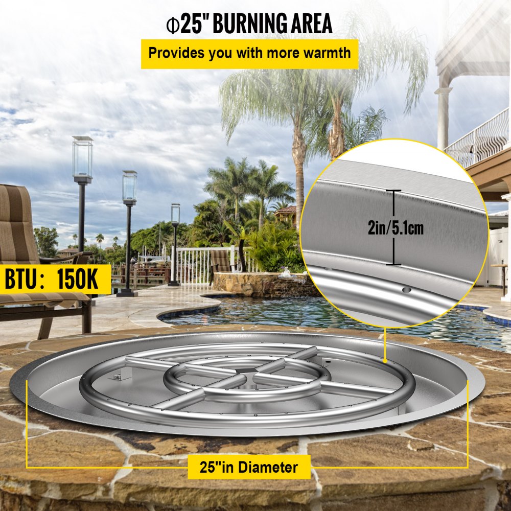 VEVOR Drop in Fire Pit Pan, 25" x 25" Round Fire Pit Burner, Stainless Steel Gas Fire Pan, Fire Pit Burner Pan w/ 1 Pack Volcanic Rock Fire Pit Insert w/ 150K BTU for Keeping Warm w/ Family & Friends