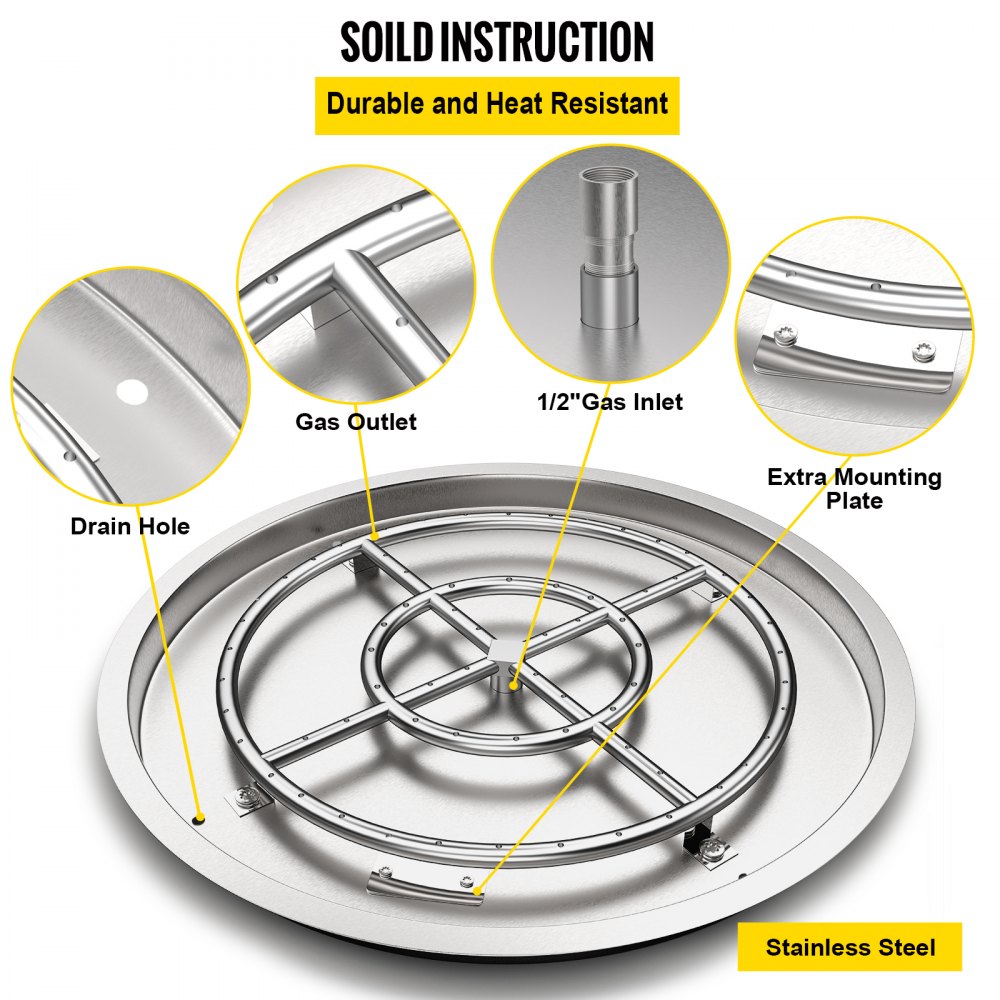 VEVOR Drop in Fire Pit Pan, 25" x 25" Round Fire Pit Burner, Stainless Steel Gas Fire Pan, Fire Pit Burner Pan w/ 1 Pack Volcanic Rock Fire Pit Insert w/ 150K BTU for Keeping Warm w/ Family & Friends