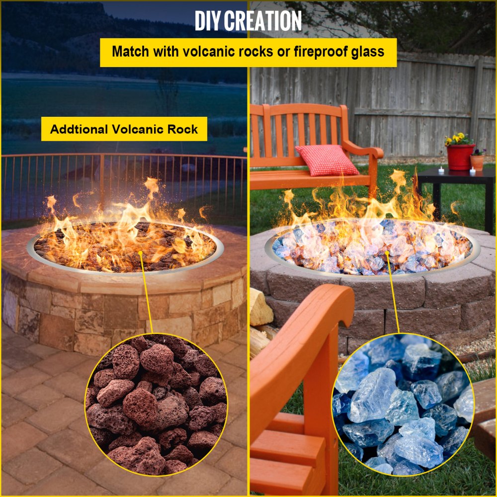 VEVOR Drop in Fire Pit Pan, 25" x 25" Round Fire Pit Burner, Stainless Steel Gas Fire Pan, Fire Pit Burner Pan w/ 1 Pack Volcanic Rock Fire Pit Insert w/ 150K BTU for Keeping Warm w/ Family & Friends