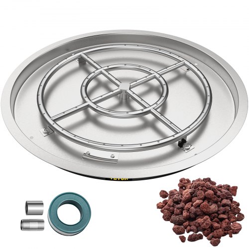 VEVOR Drop in Fire Pit Pan, 31\" x 31\" Round Fire Pit Burner, Stainless Steel Gas Fire Pan, Fire Pit Burner Pan with 1 Pack Volcanic Rock Fire Pit Insert with 300K BTU for Keeping Warm with Family &