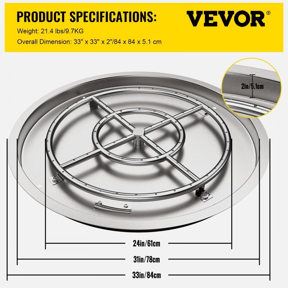 VEVOR Drop in Fire Pit Pan, 31" x 31" Round Fire Pit Burner, Stainless Steel Gas Fire Pan, Fire Pit Burner Pan w/ 1 Pack Volcanic Rock Fire Pit Insert w/ 300K BTU for Keeping Warm w/ Family & Friends