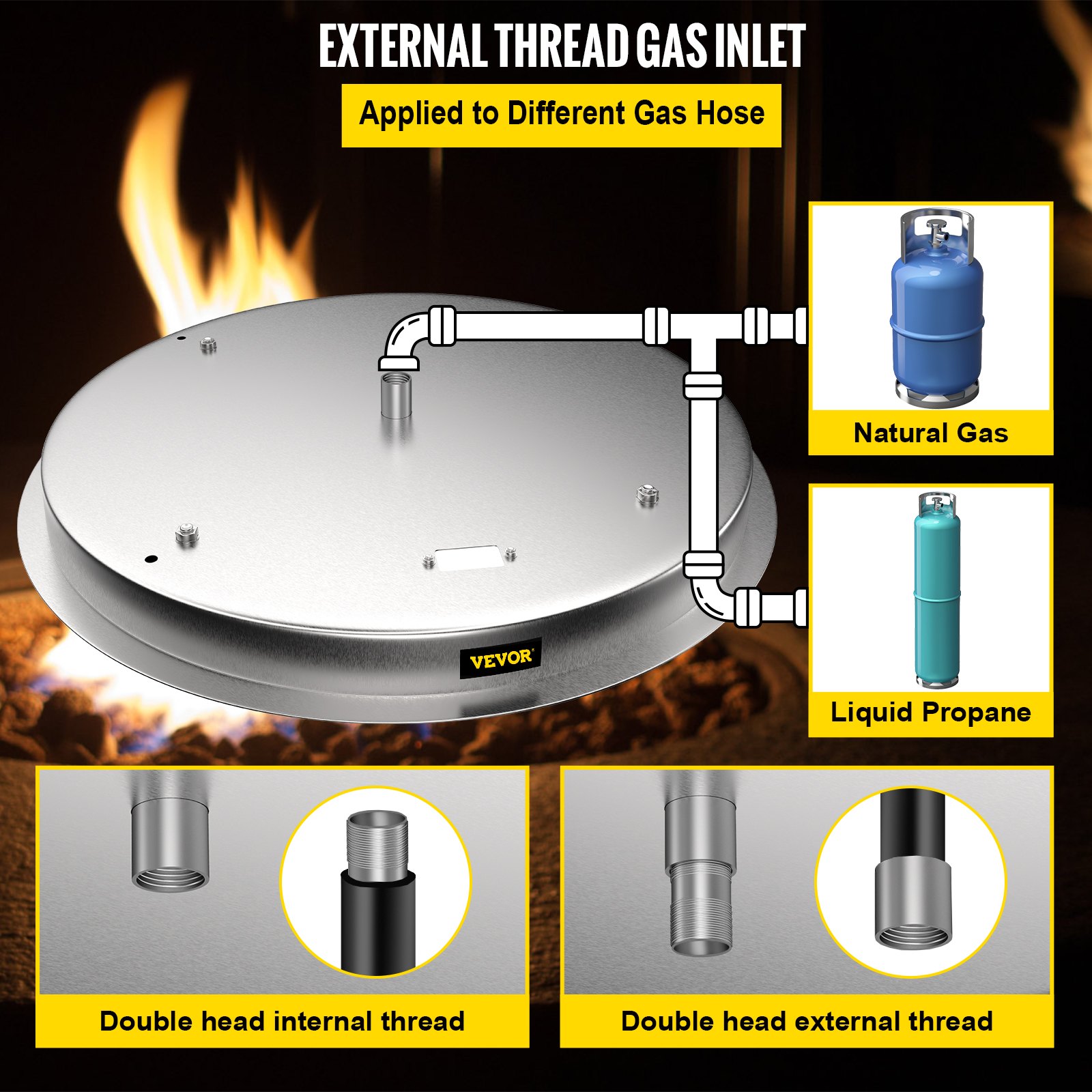 VEVOR Drop in Fire Pit Pan, 31\" x 31\" Round Fire Pit Burner, Stainless Steel Gas Fire Pan, Fire Pit Burner Pan with 1 Pack Volcanic Rock Fire Pit Insert with 300K BTU for Keeping Warm with Family &