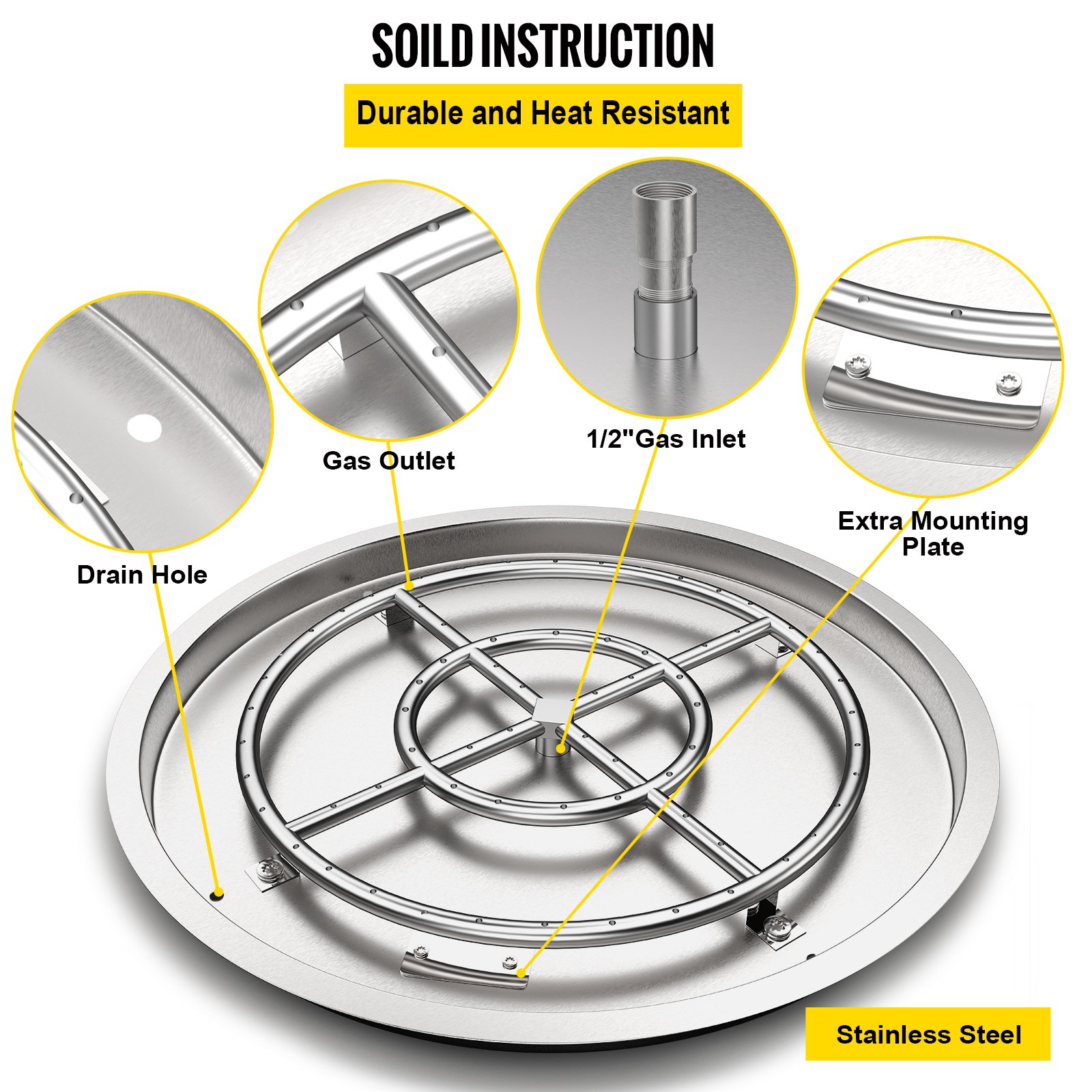 VEVOR Drop in Fire Pit Pan, 31\" x 31\" Round Fire Pit Burner, Stainless Steel Gas Fire Pan, Fire Pit Burner Pan with 1 Pack Volcanic Rock Fire Pit Insert with 300K BTU for Keeping Warm with Family &