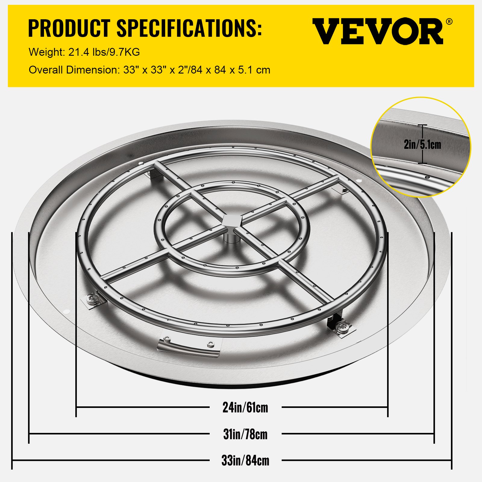 VEVOR Drop in Fire Pit Pan, 31\" x 31\" Round Fire Pit Burner, Stainless Steel Gas Fire Pan, Fire Pit Burner Pan with 1 Pack Volcanic Rock Fire Pit Insert with 300K BTU for Keeping Warm with Family &