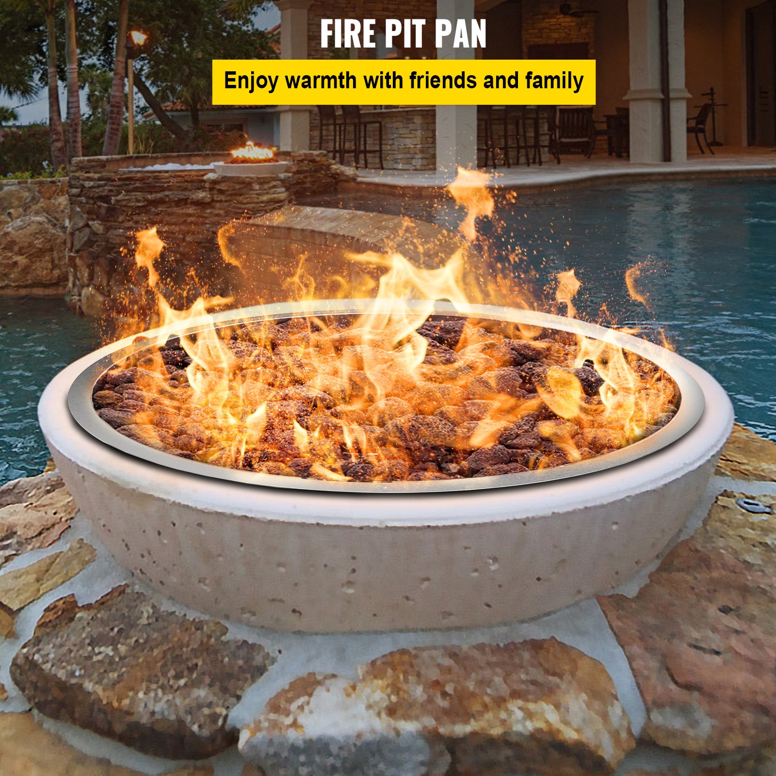 VEVOR Drop in Fire Pit Pan, 31" x 31" Round Fire Pit Burner, Stainless Steel Gas Fire Pan, Fire Pit Burner Pan w/ 1 Pack Volcanic Rock Fire Pit Insert w/ 300K BTU for Keeping Warm w/ Family & Friends